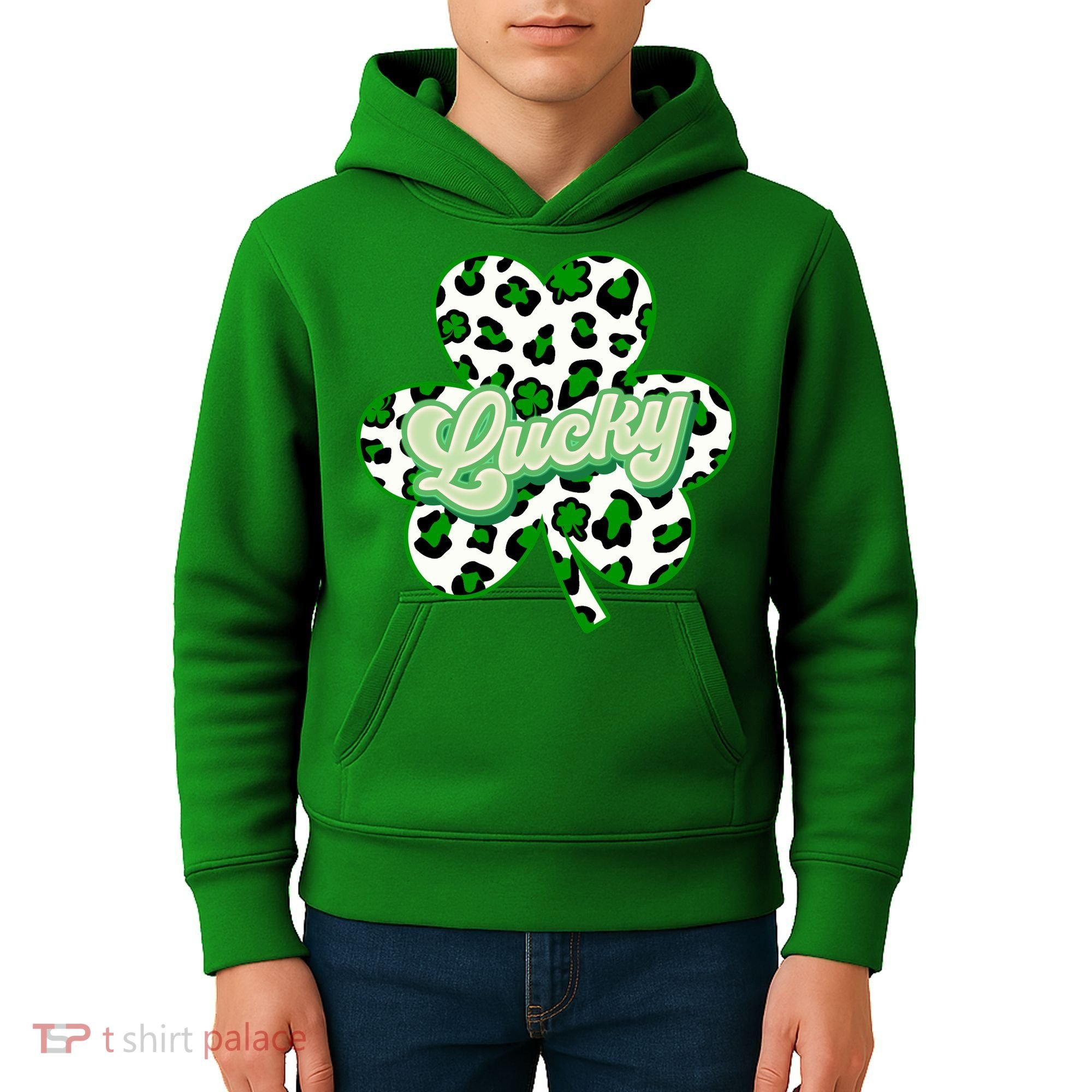 St Patricks Day Lucky Leopard Print Shamrock Clover Kids Hoodie