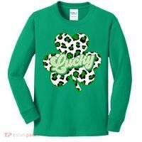 St Patricks Day Lucky Leopard Print Shamrock Clover Kids Long Sleeve Shirt thumb 0