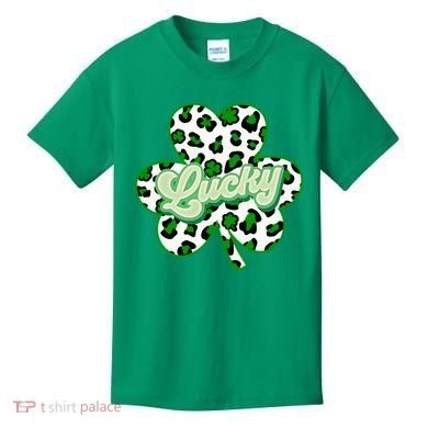 St Patricks Day Lucky Leopard Print Shamrock Clover Kids T-Shirt