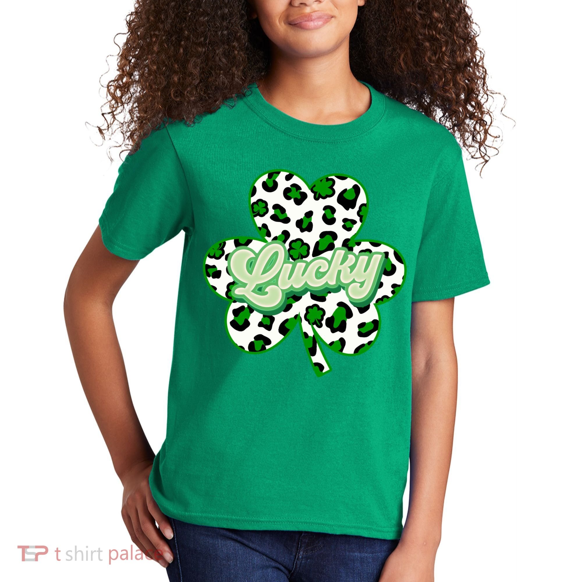 St Patricks Day Lucky Leopard Print Shamrock Clover Kids T-Shirt