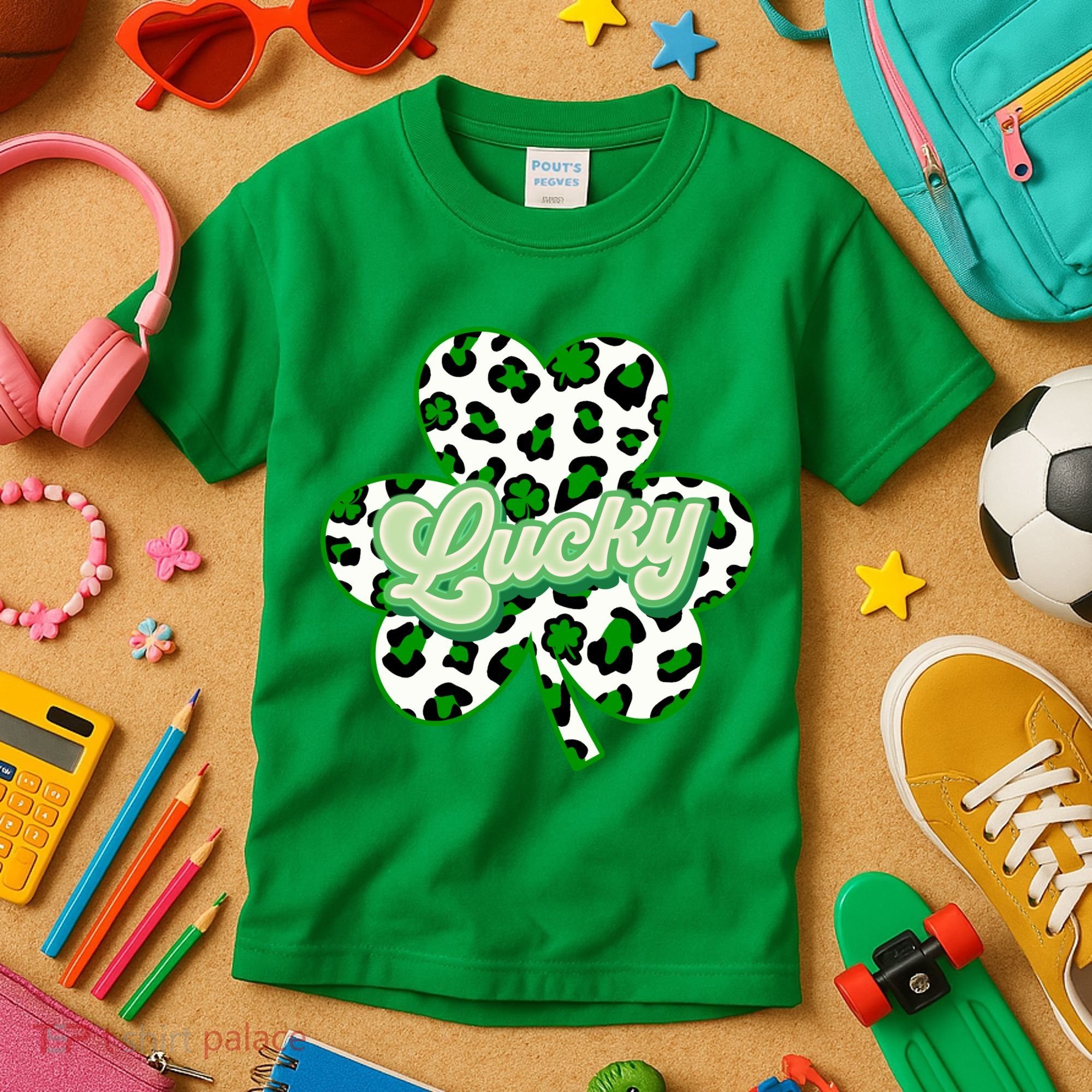 St Patricks Day Lucky Leopard Print Shamrock Clover Kids T-Shirt