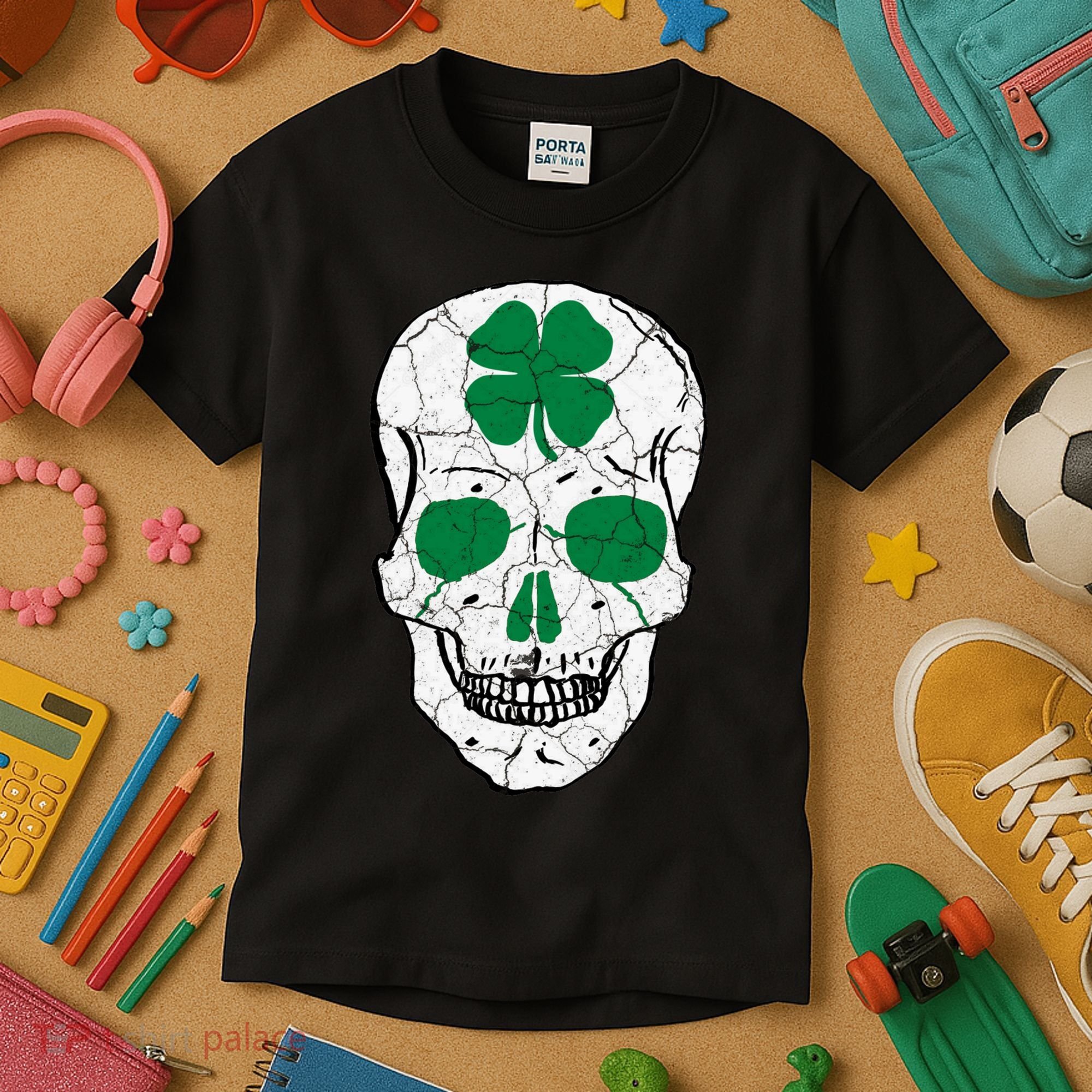 St Patrick's Day Clover Skull Kids T-Shirt