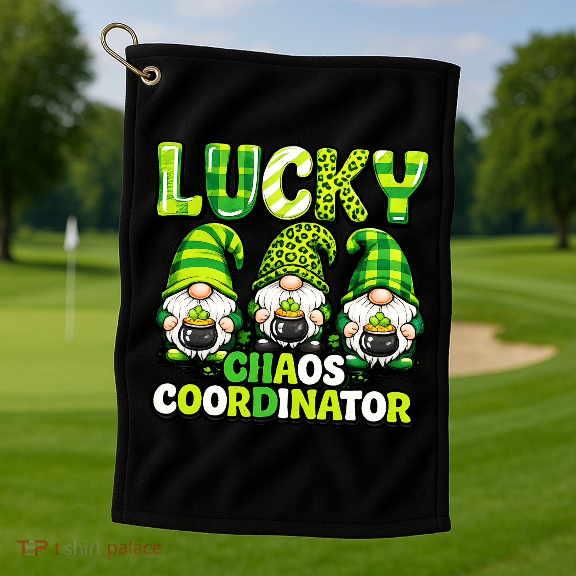 St Patrick's Day Lucky Chaos Coordonator Shamrock Irish Gnomes Golf Towel
