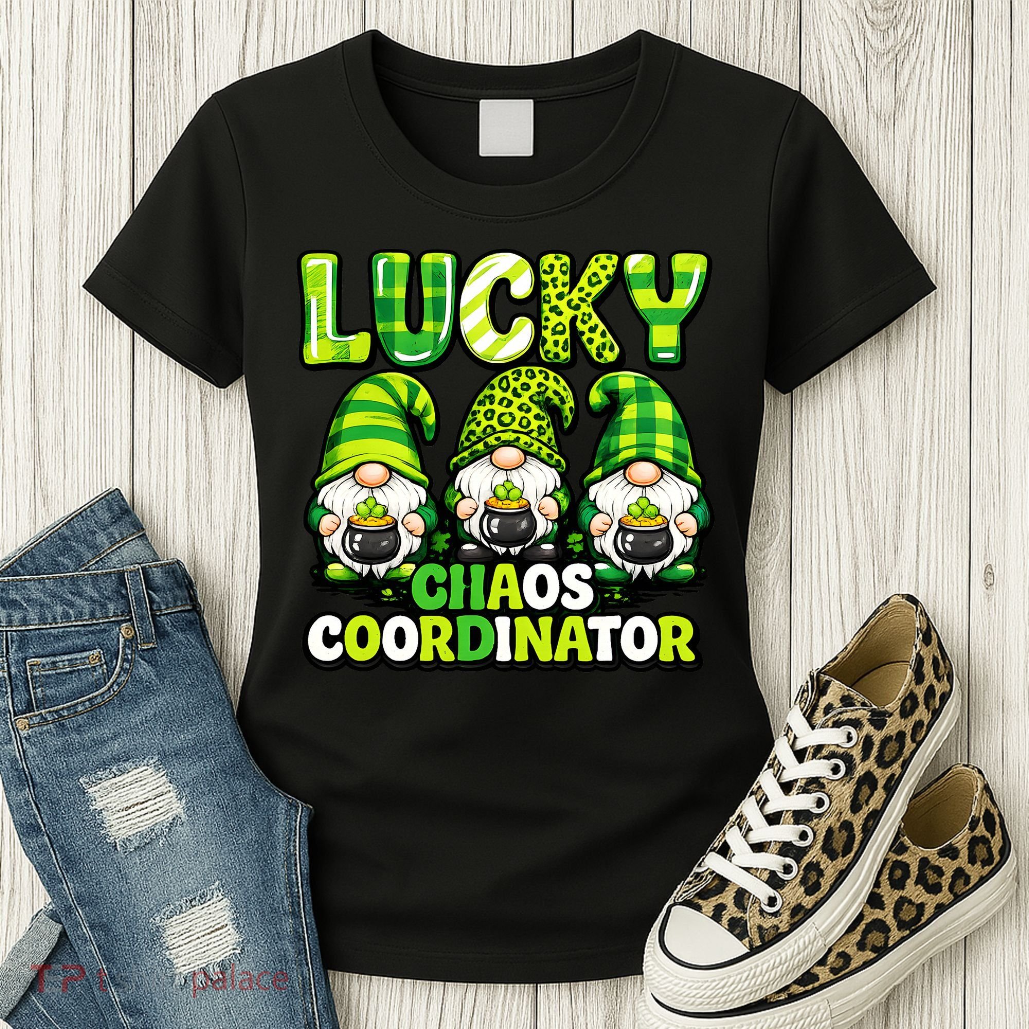 St Patrick's Day Lucky Chaos Coordonator Shamrock Irish Gnomes Women's T-Shirt