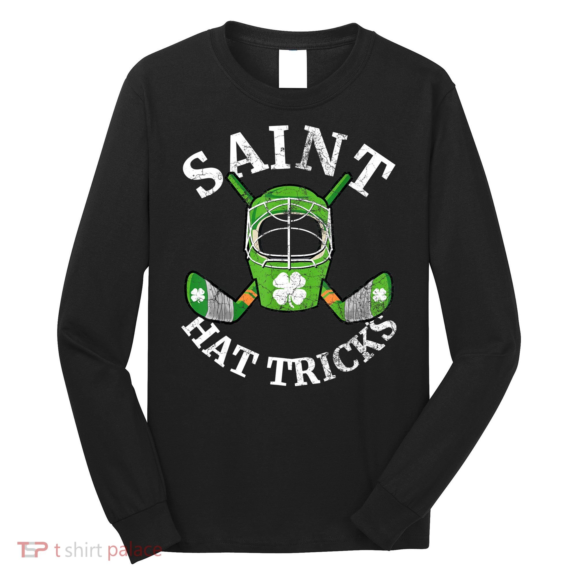 St Patricks Day Saint Hat Tricks Hockey Shamrock Kids Boys Long Sleeve Shirt