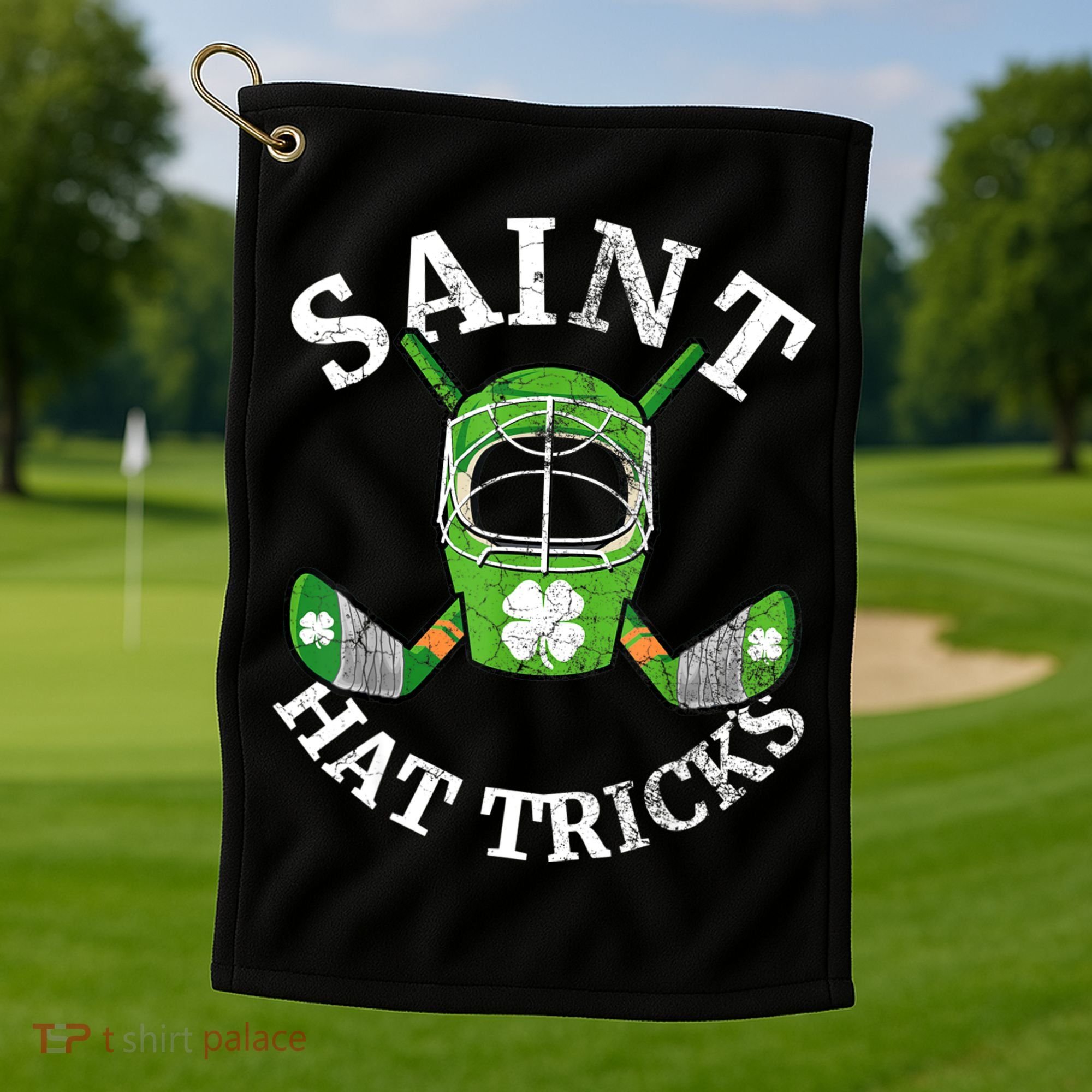 St Patricks Day Saint Hat Tricks Hockey Shamrock Kids Boys Golf Towel