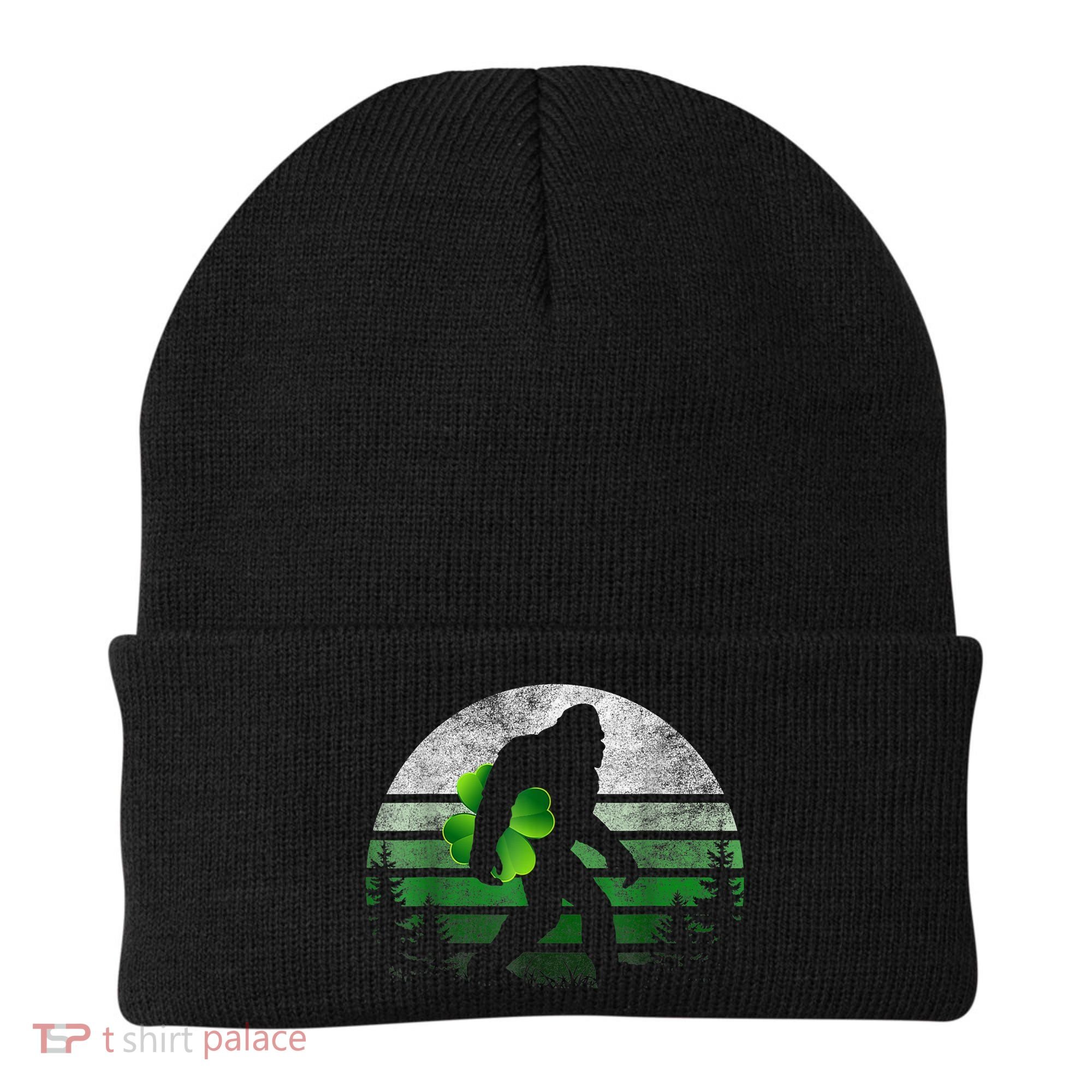 St Patricks Day Bigfoot Irish Shamrock Sasquatch Clover Leaf Beanie