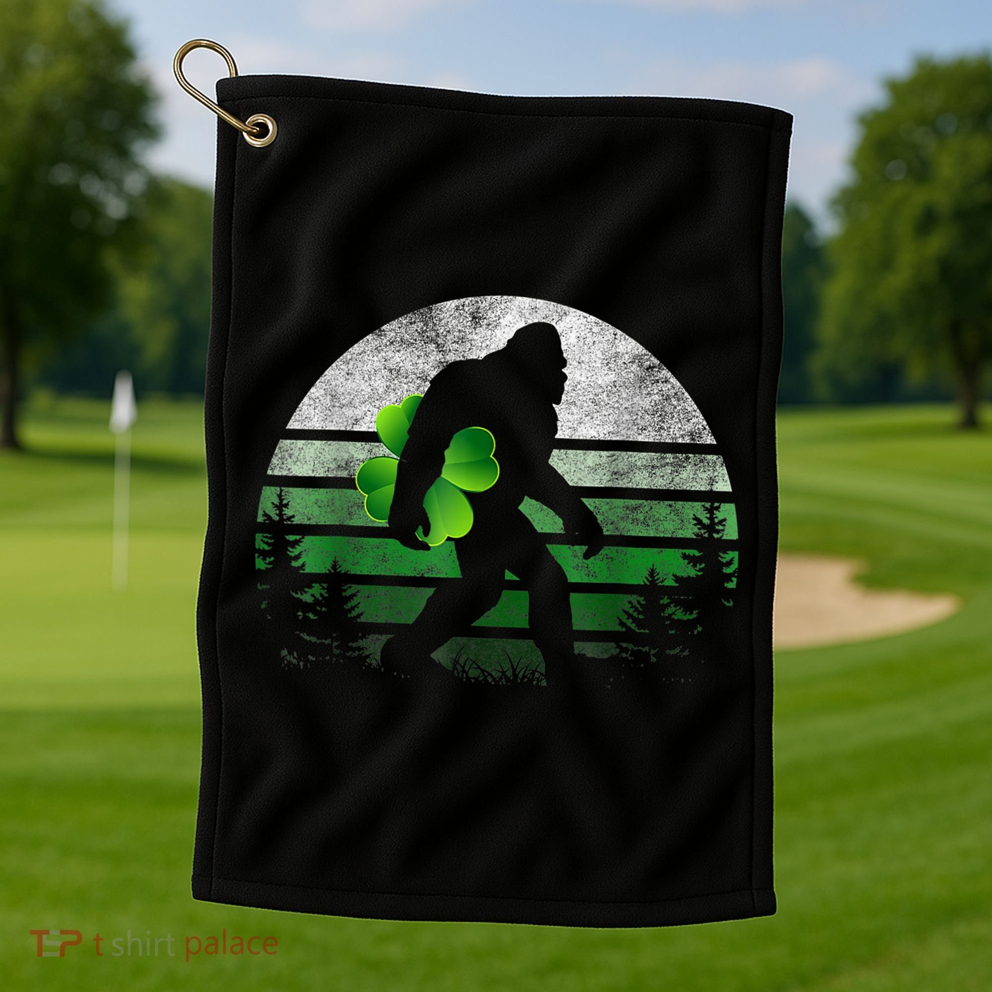 St Patricks Day Bigfoot Irish Shamrock Sasquatch Clover Leaf Golf Towel