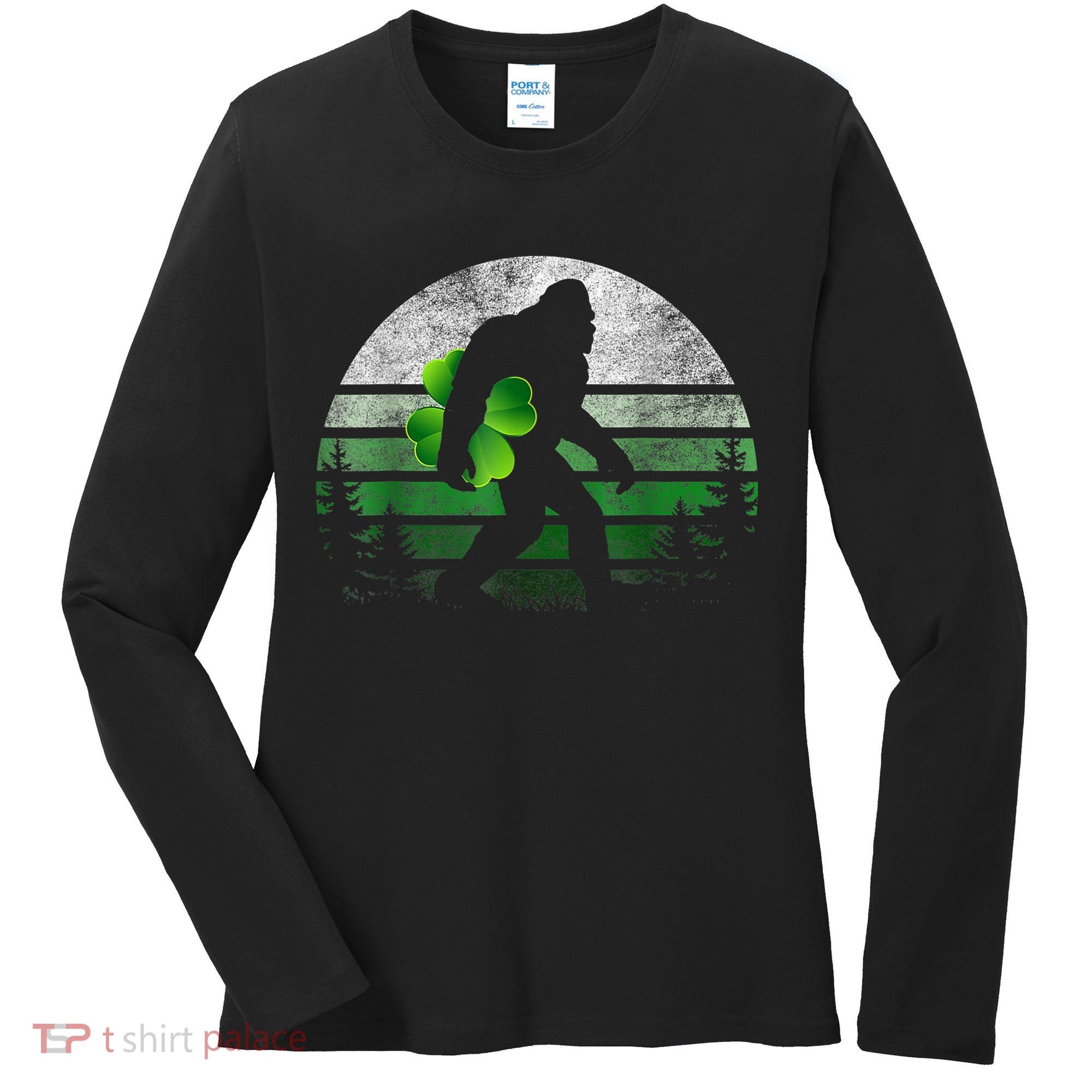 St Patricks Day Bigfoot Irish Shamrock Sasquatch Clover Leaf Women's Long Sleeve Shirt