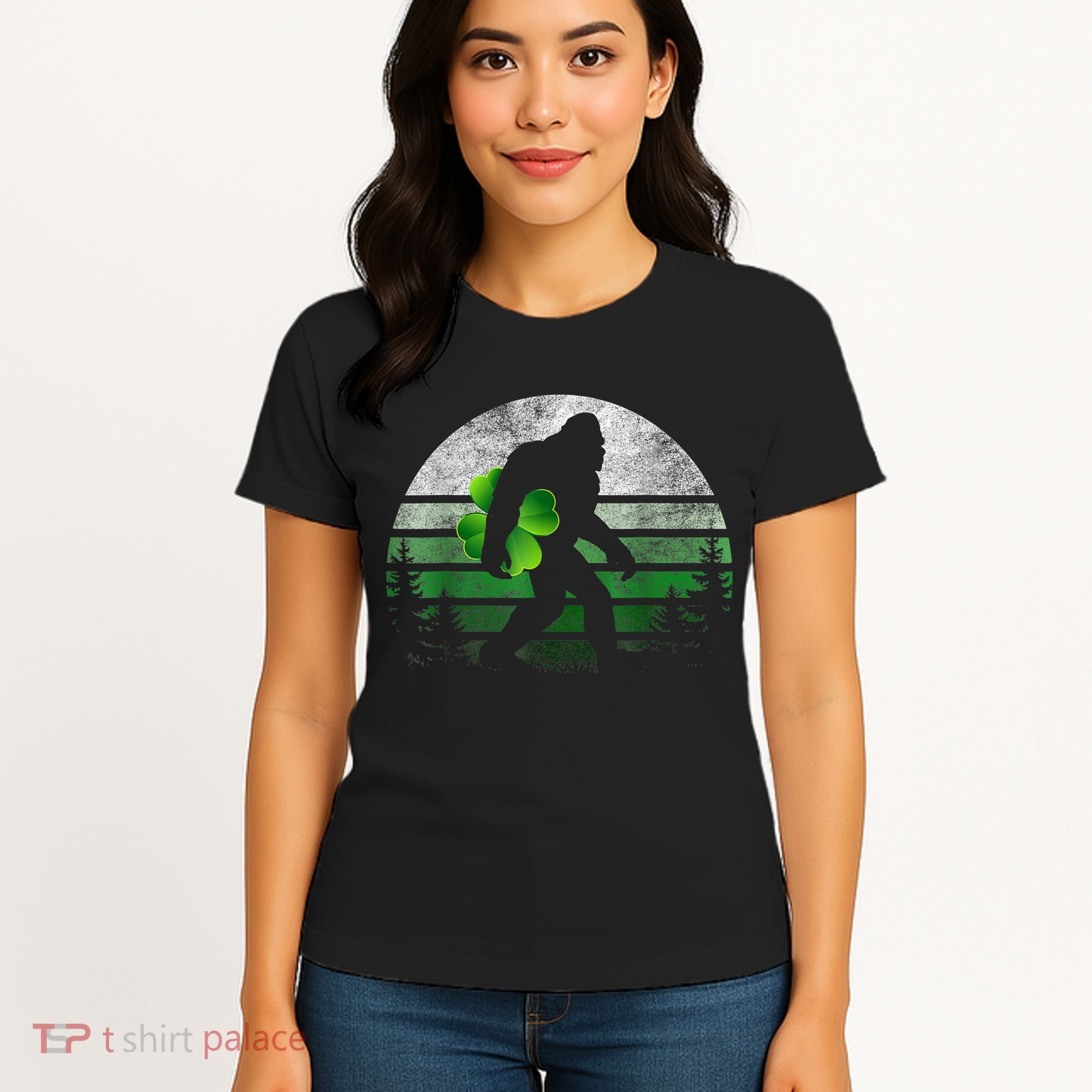 St Patricks Day Bigfoot Irish Shamrock Sasquatch Clover Leaf Women's T-Shirt