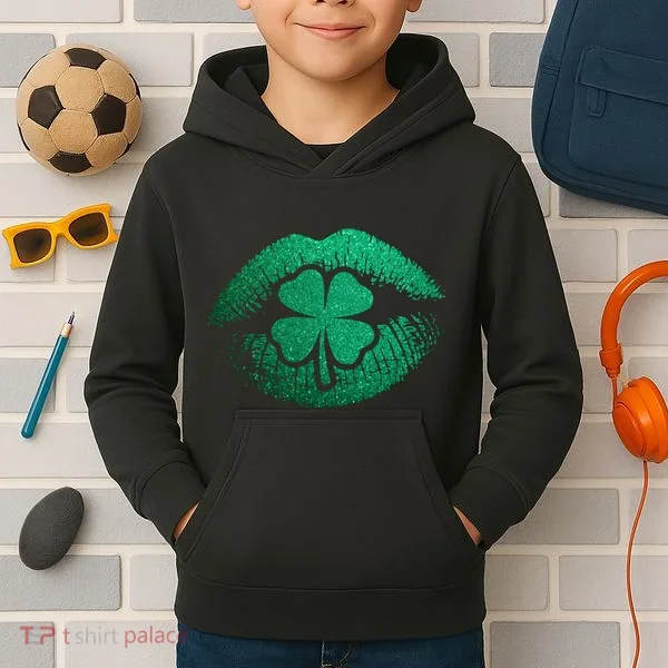 St PatrickS Day Irish Leaf Clover Lips Kids Hoodie