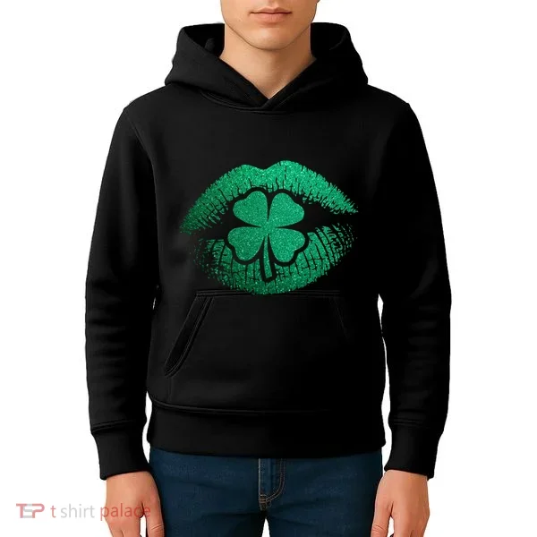 St PatrickS Day Irish Leaf Clover Lips Kids Hoodie