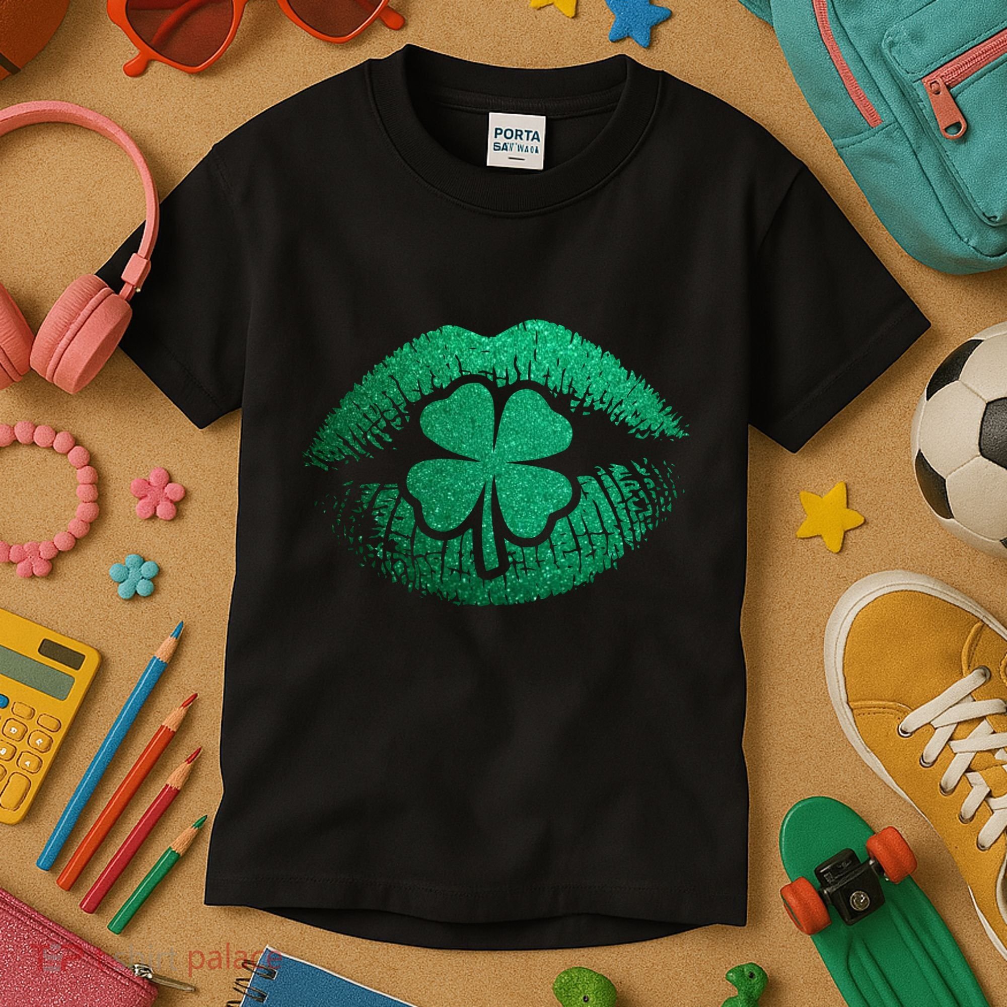 St PatrickS Day Irish Leaf Clover Lips Kids T-Shirt