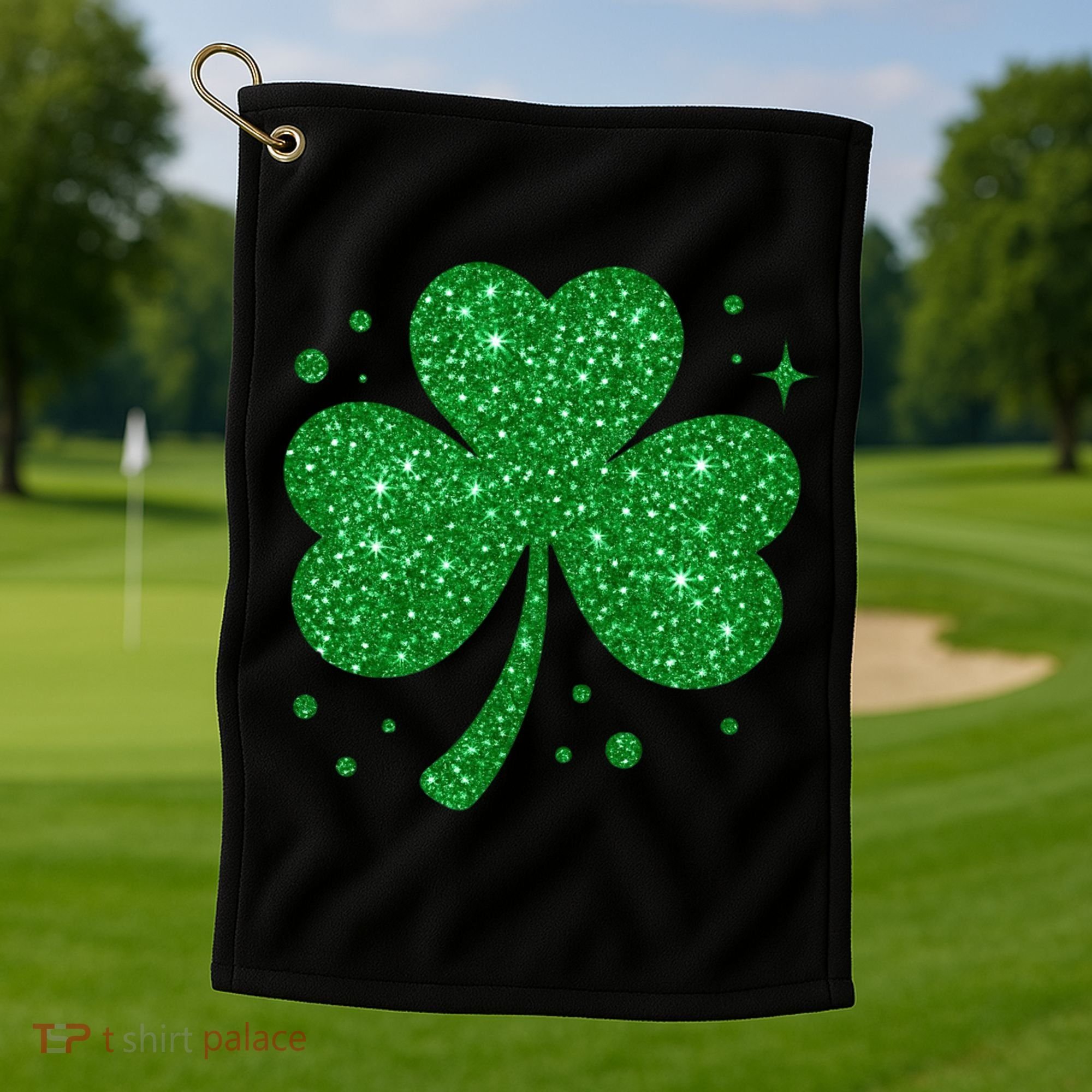 St Patrick's Day Glittery Shamrock Clover Golf Towel