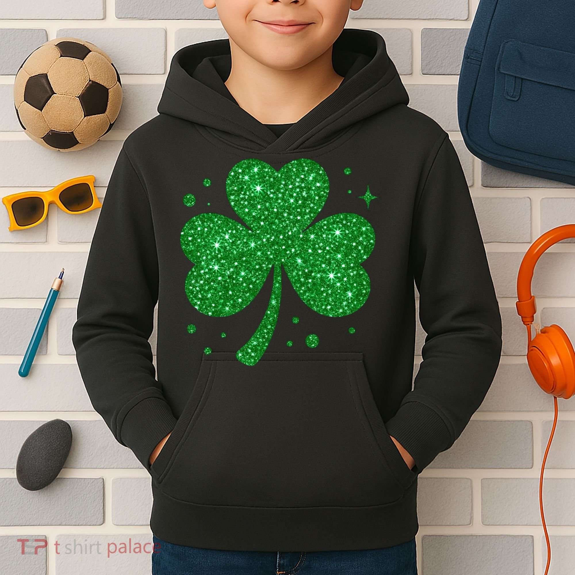 St Patrick's Day Glittery Shamrock Clover Kids Hoodie