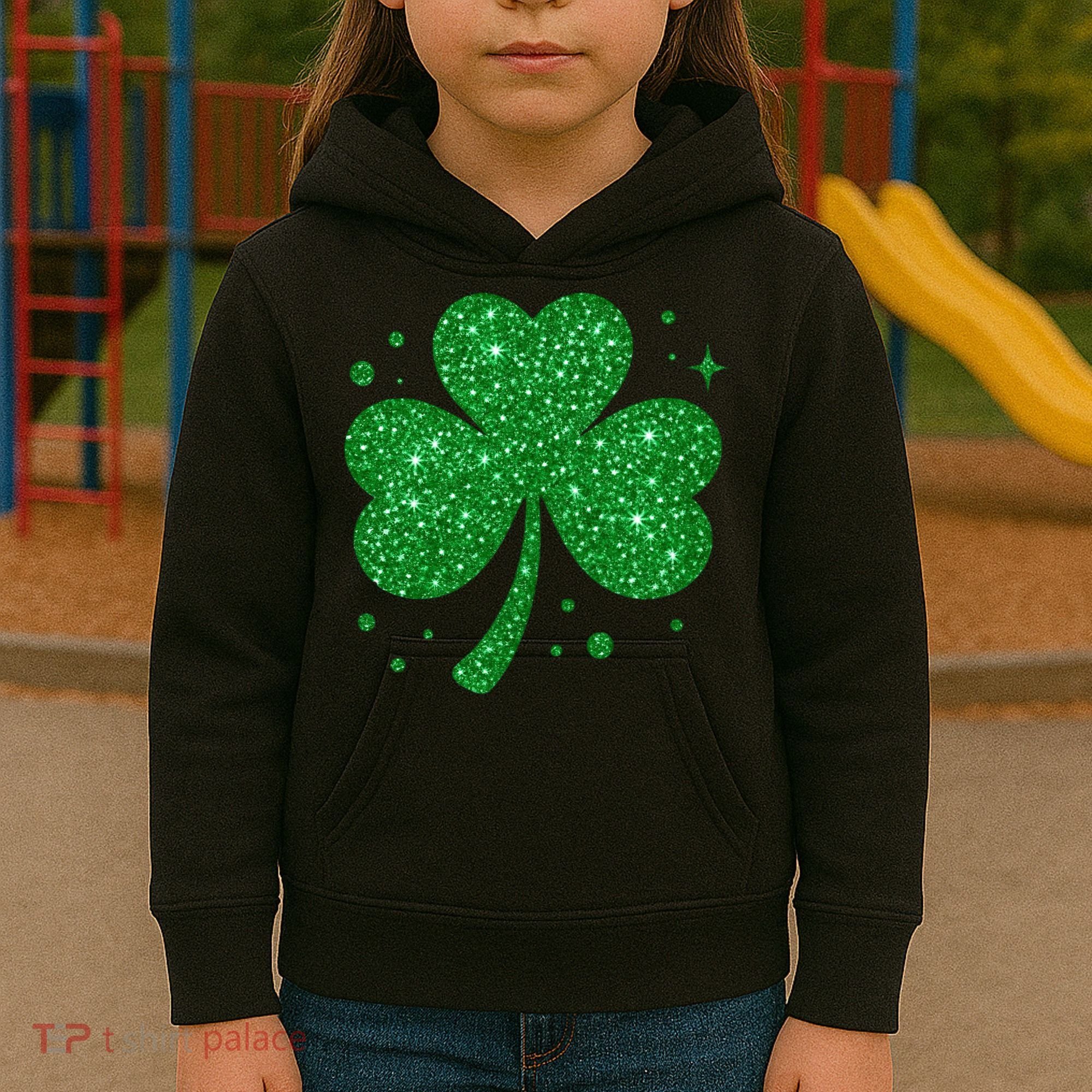 St Patrick's Day Glittery Shamrock Clover Kids Hoodie