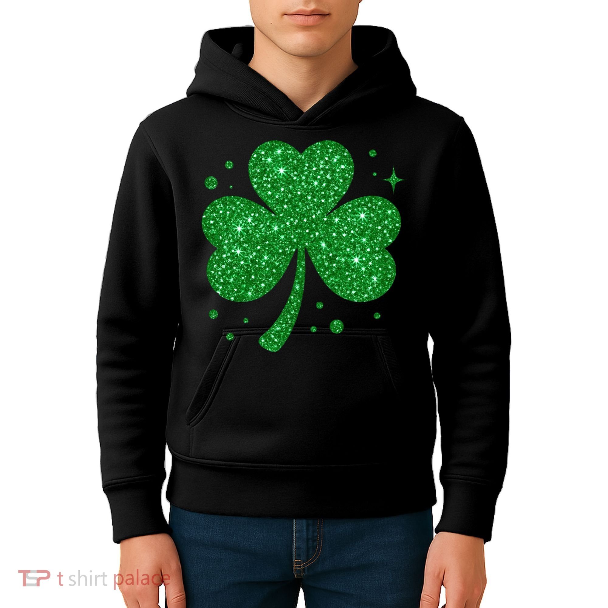 St Patrick's Day Glittery Shamrock Clover Kids Hoodie