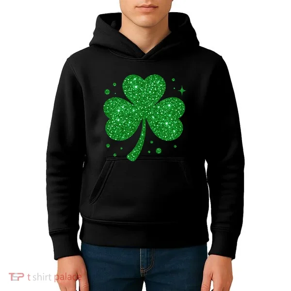 St Patrick's Day Glittery Shamrock Clover Kids Hoodie