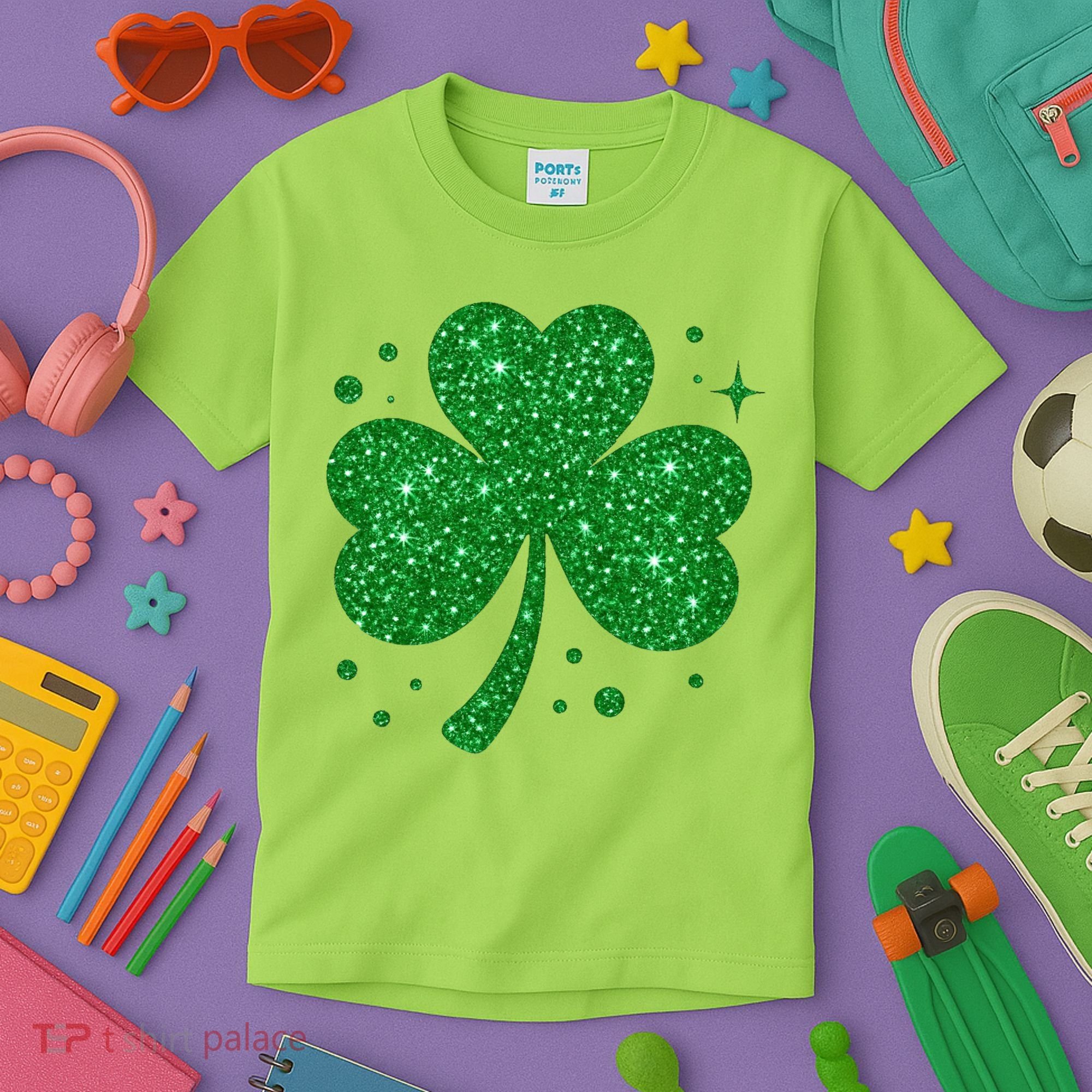 St Patrick's Day Glittery Shamrock Clover Kids T-Shirt