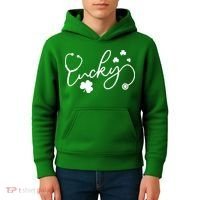 St Patrick's Day Lucky Nurse Stethoscope Kids Hoodie thumb 4