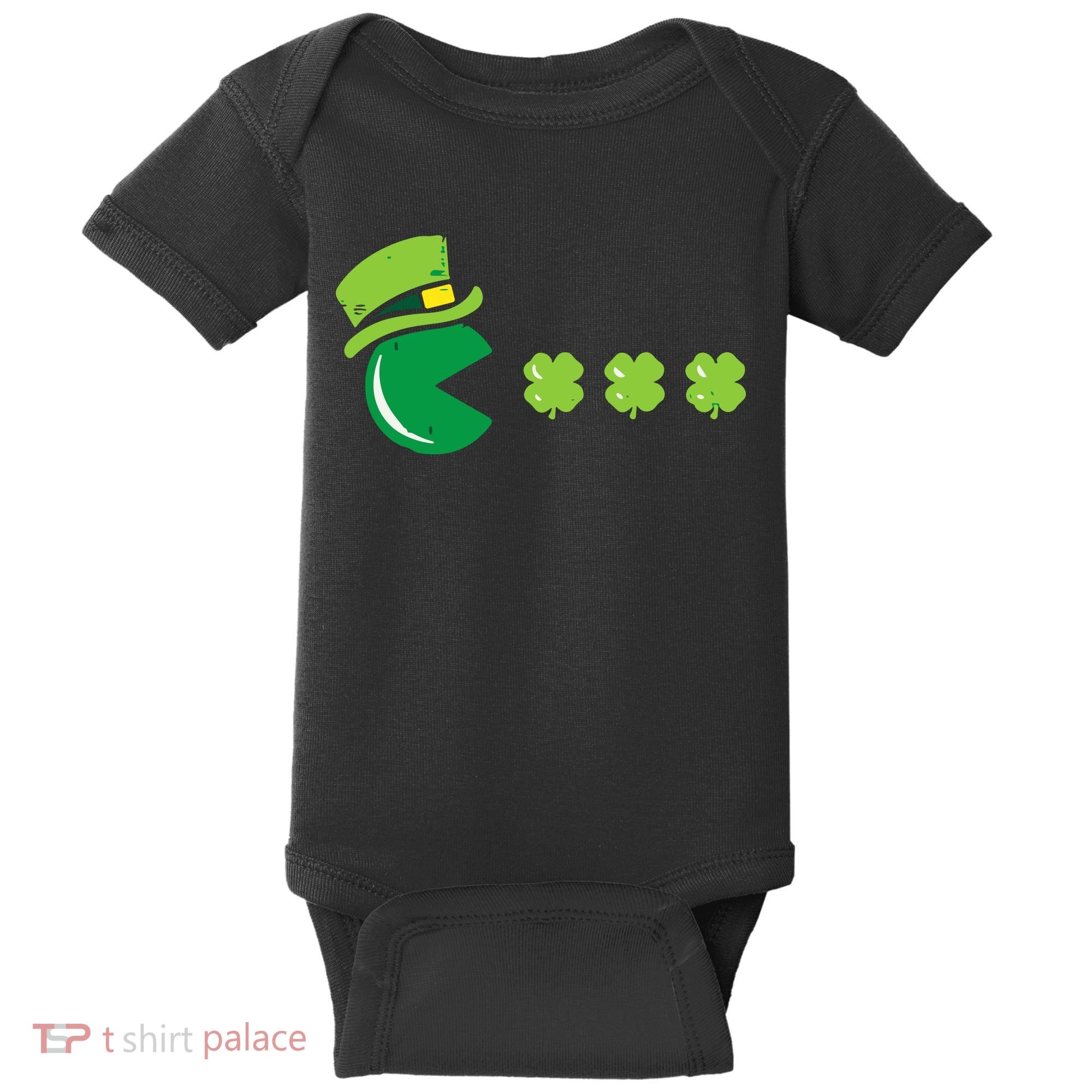 St Patricks Day Eating Shamrock Retro Gamer Baby Bodysuit