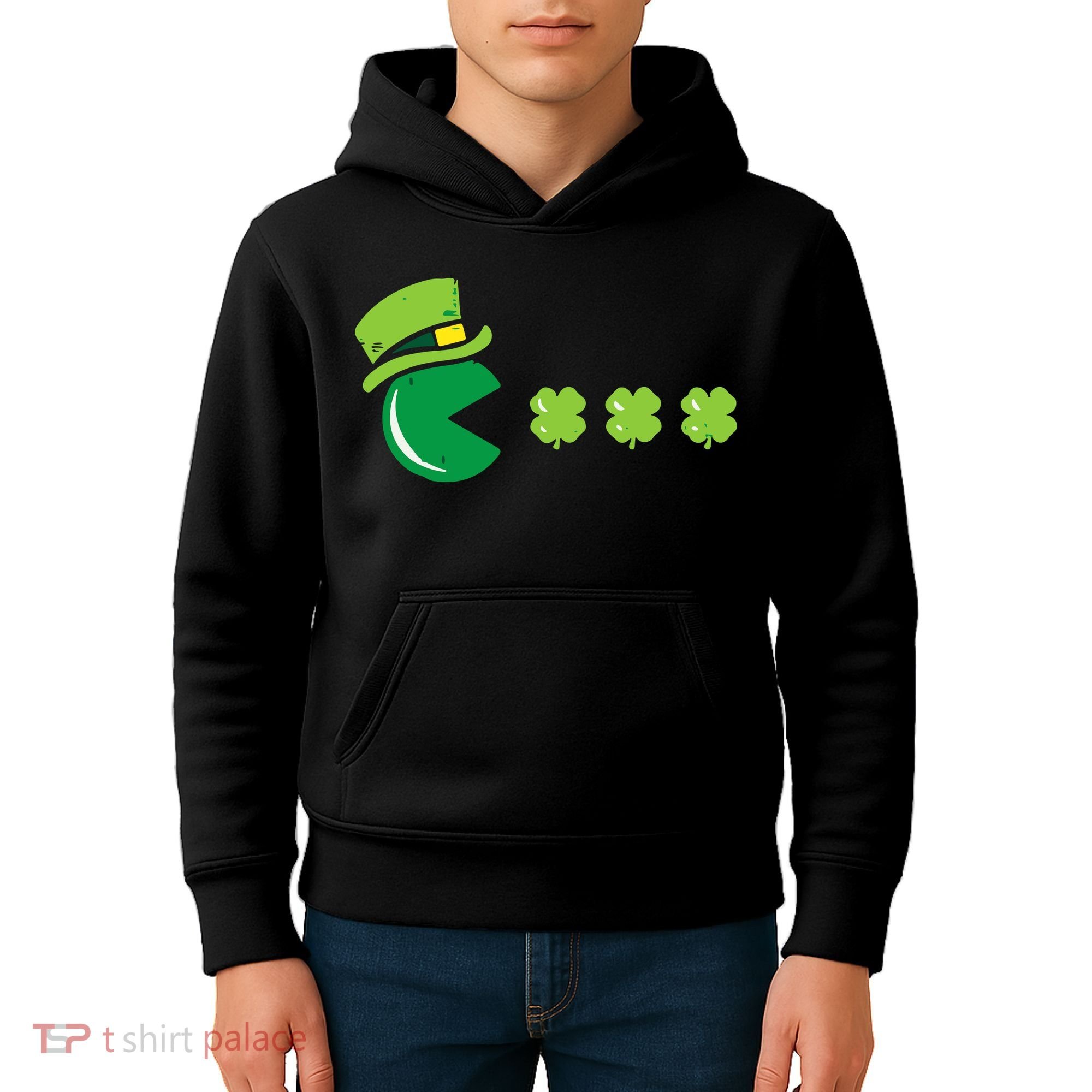 St Patricks Day Eating Shamrock Retro Gamer Kids Hoodie