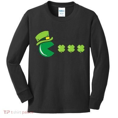 St Patricks Day Eating Shamrock Retro Gamer Kids Long Sleeve Shirt