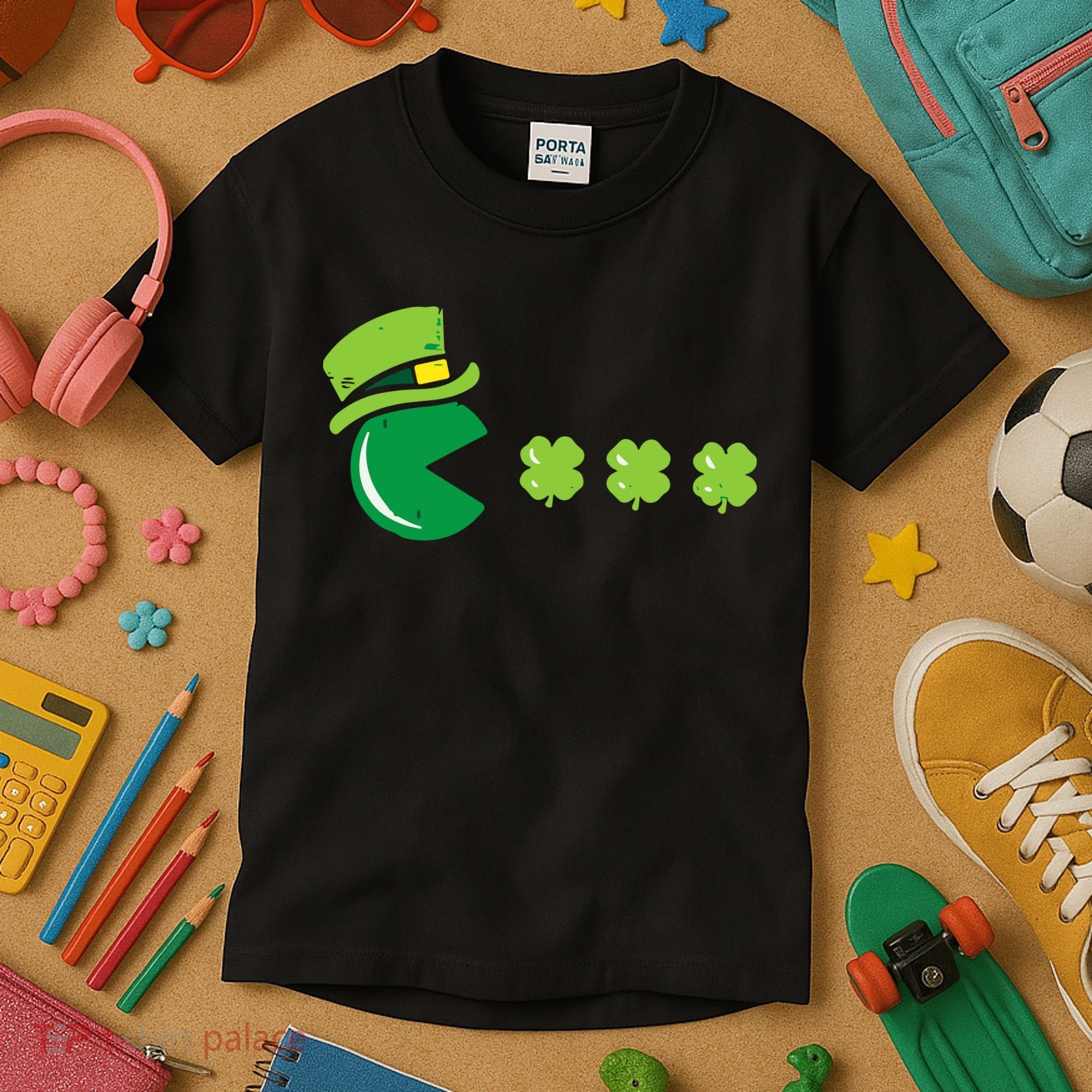 St Patricks Day Eating Shamrock Retro Gamer Kids T-Shirt