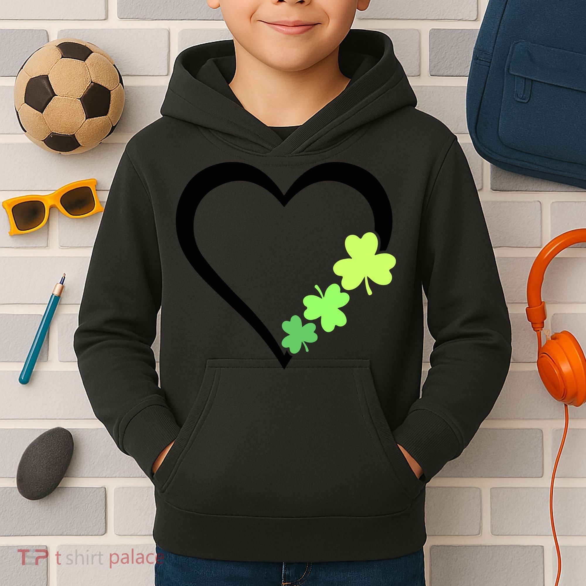 St Patricks Day, Funny St Patricks Day, St Patricks Day Heart Clover Kids Hoodie