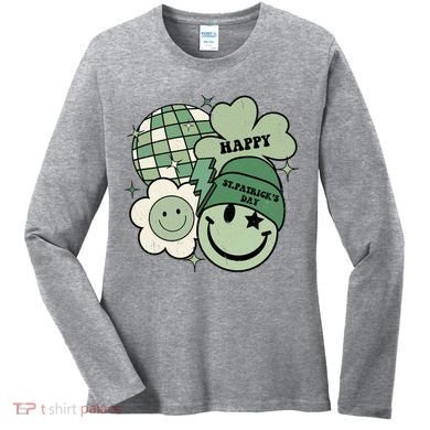 St Patricks Day Retro Smile Disco Party Women's Long Sleeve Shirt