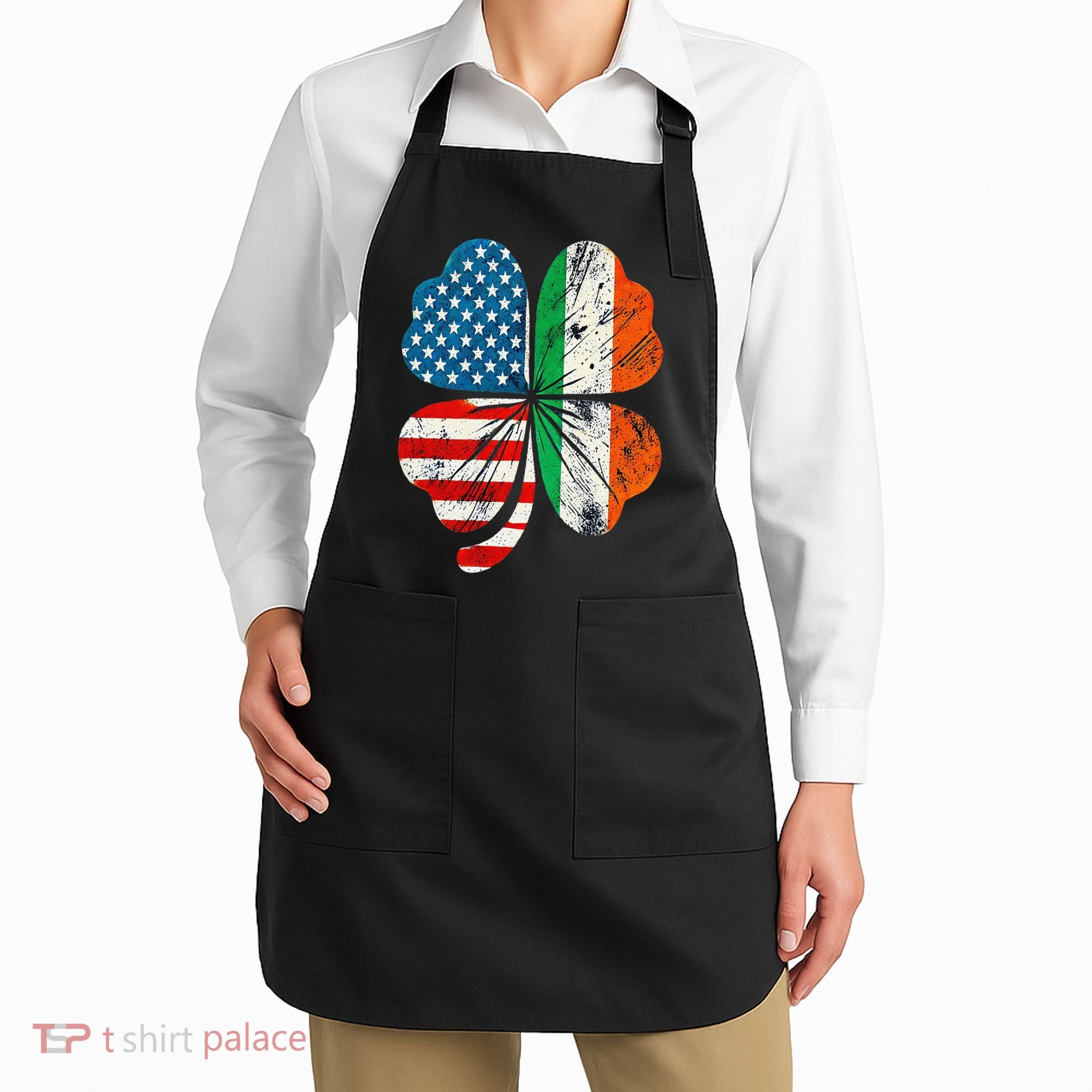 St Patricks Day Shamrock Ireland USA Irish American Flag Apron