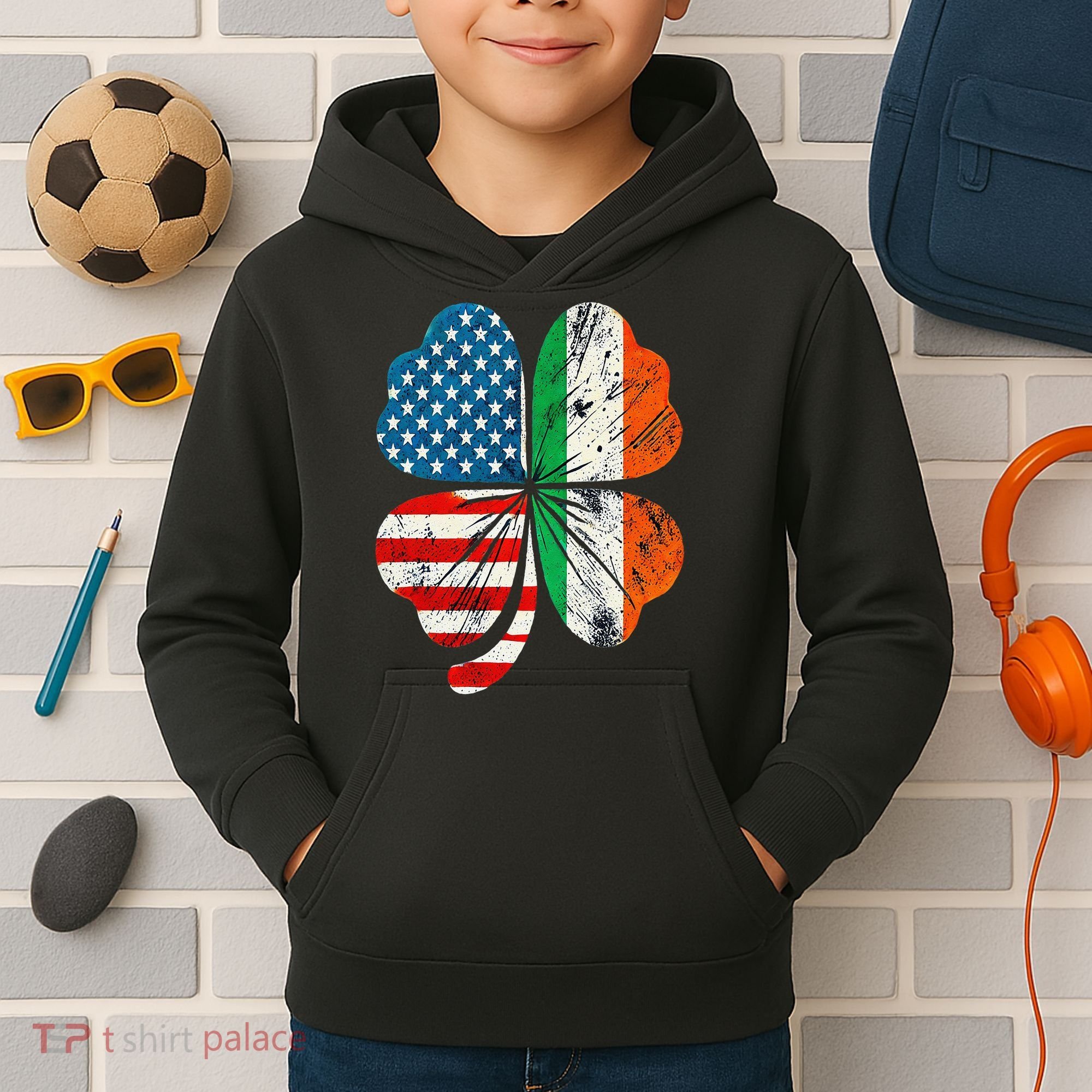 St Patricks Day Shamrock Ireland USA Irish American Flag Kids Hoodie