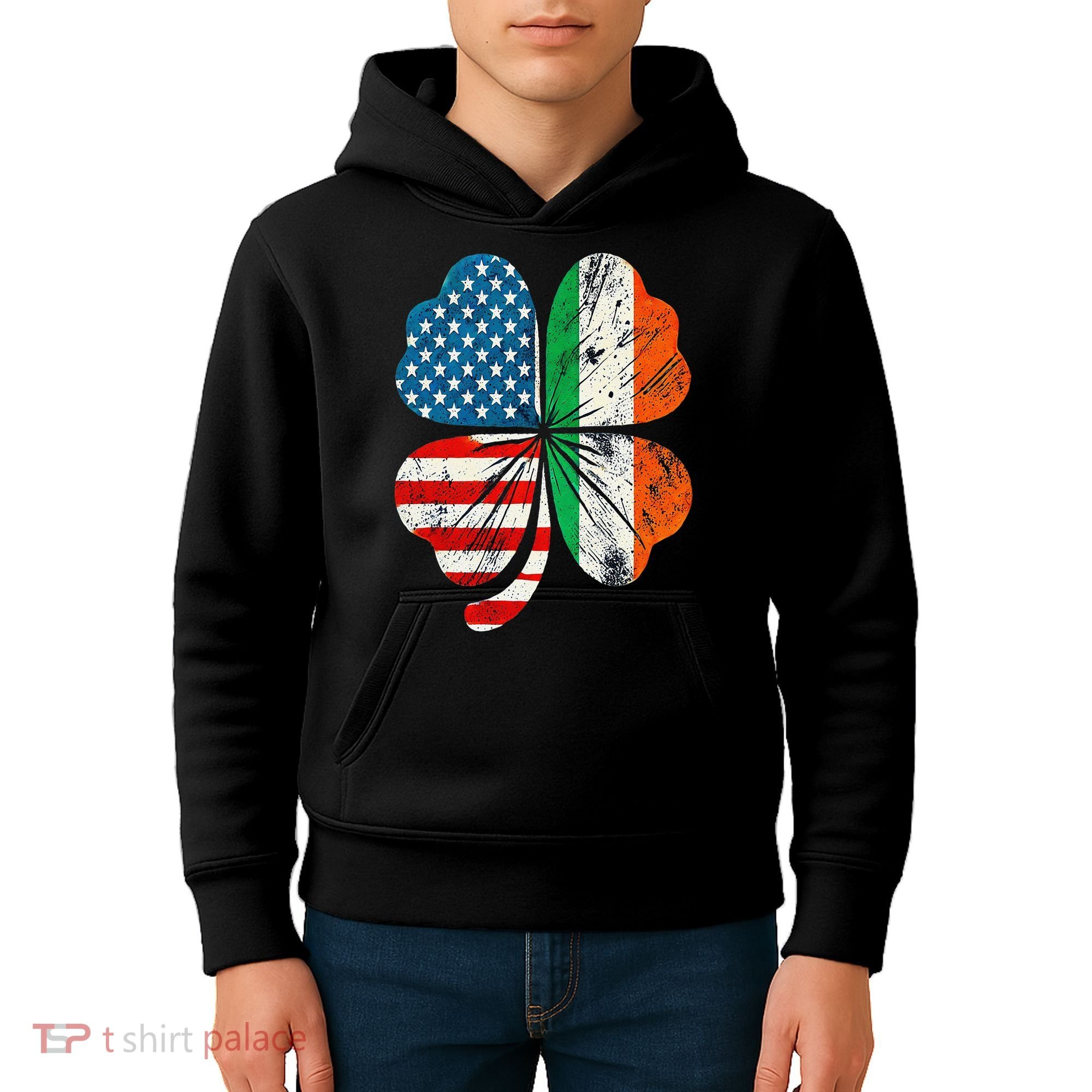 St Patricks Day Shamrock Ireland USA Irish American Flag Kids Hoodie