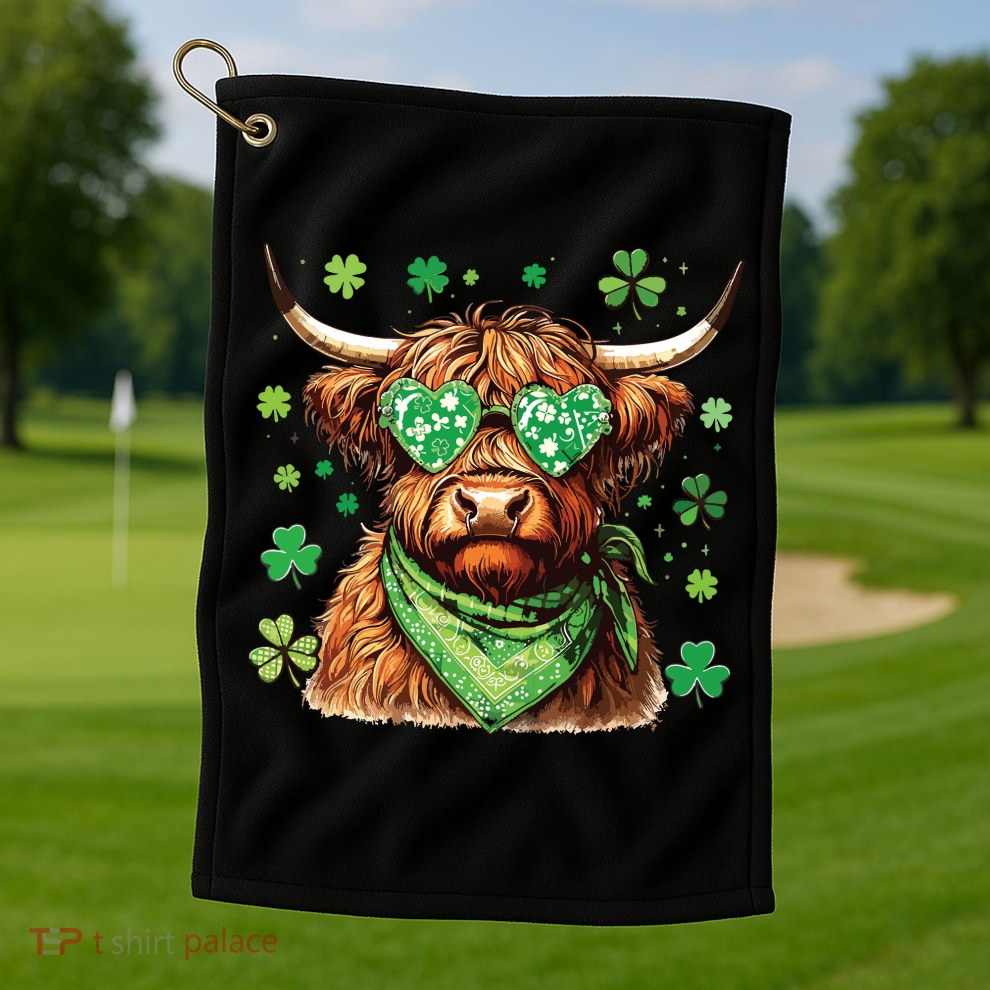 St Patricks Day Highland Cow St Patricks Day Shamrock Women Golf Towel
