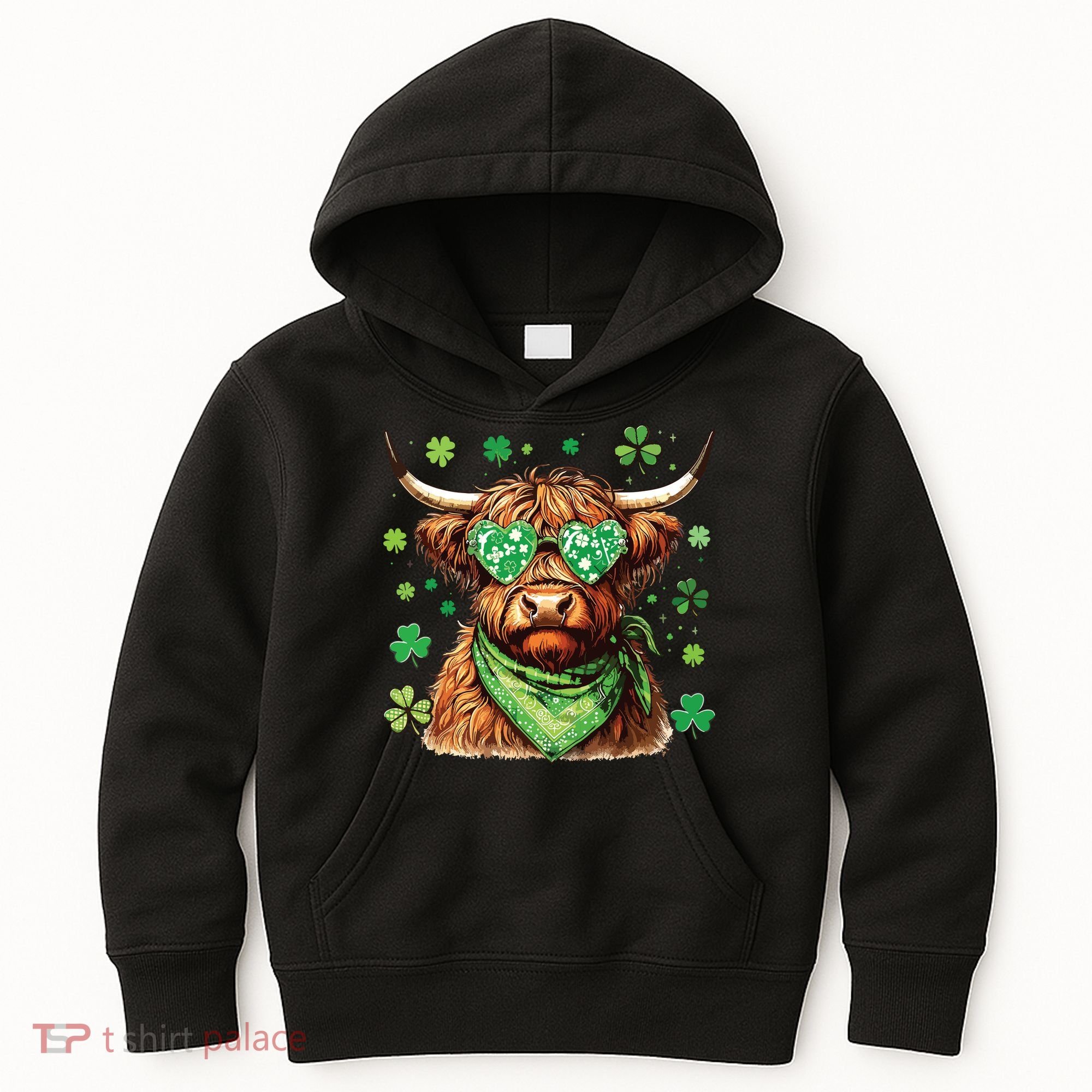 St Patricks Day Highland Cow St Patricks Day Shamrock Women Kids Hoodie
