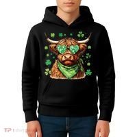 St Patricks Day Highland Cow St Patricks Day Shamrock Women Kids Hoodie thumb 4