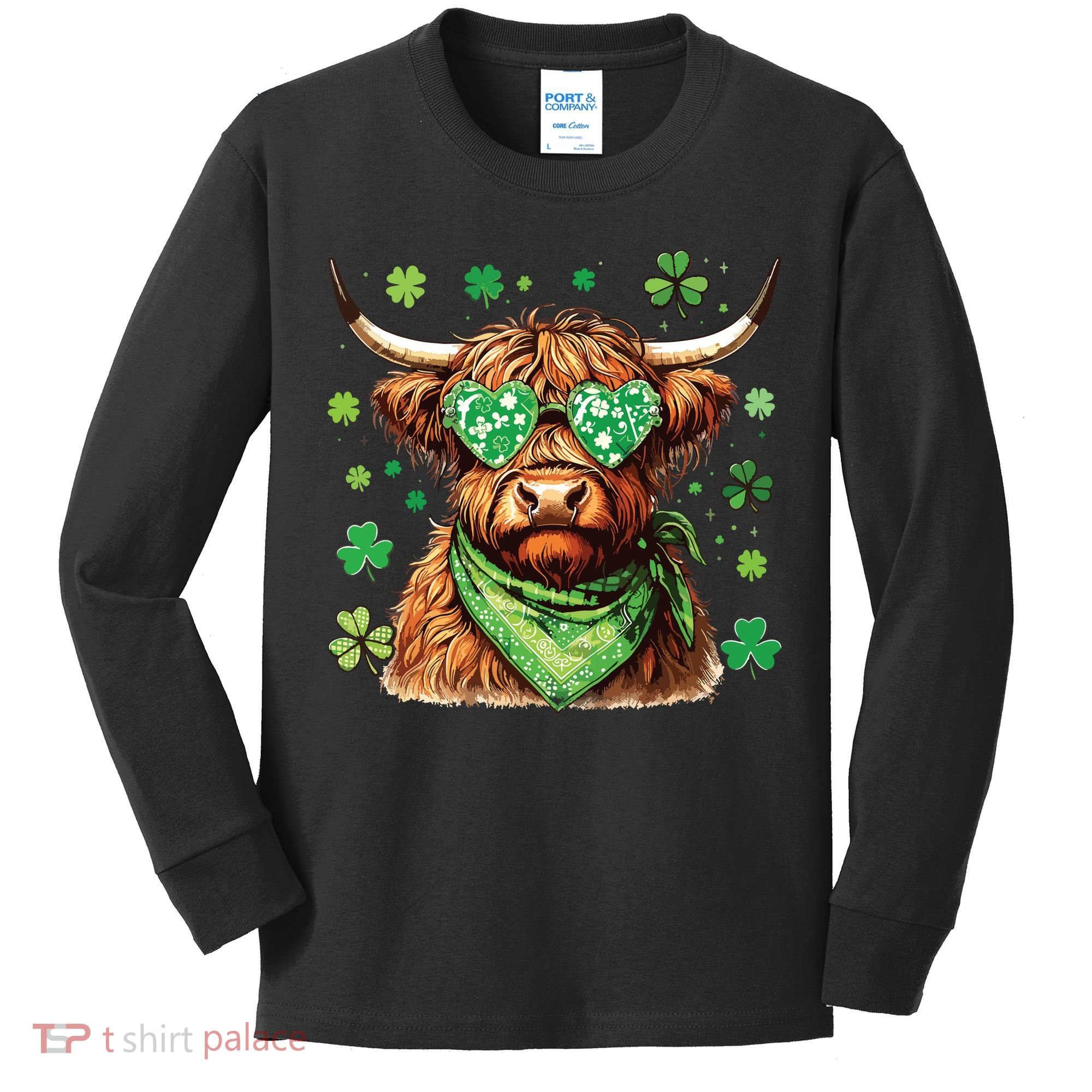 St Patricks Day Highland Cow St Patricks Day Shamrock Women Kids Long Sleeve Shirt