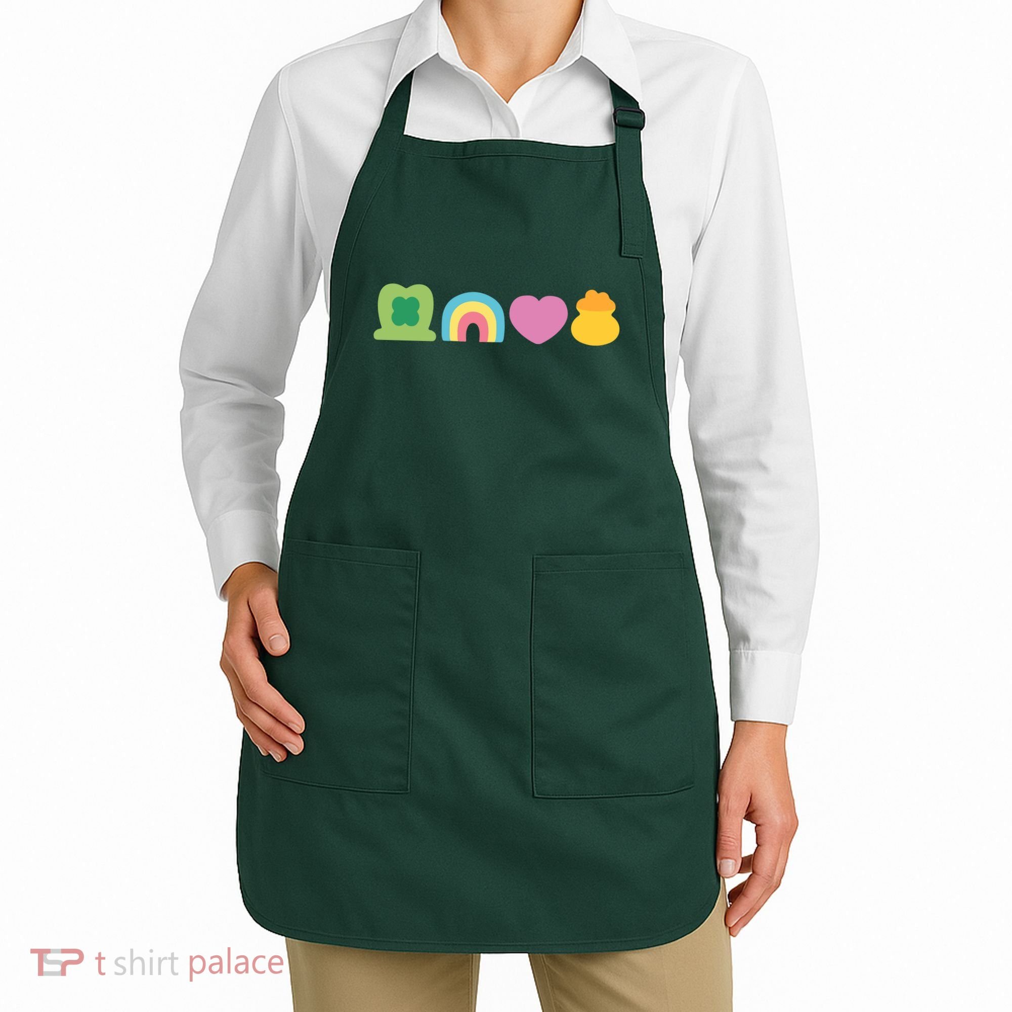 St Patricks Day Lucky Charm Pot Gold Irish Shamrock Rainbow Apron