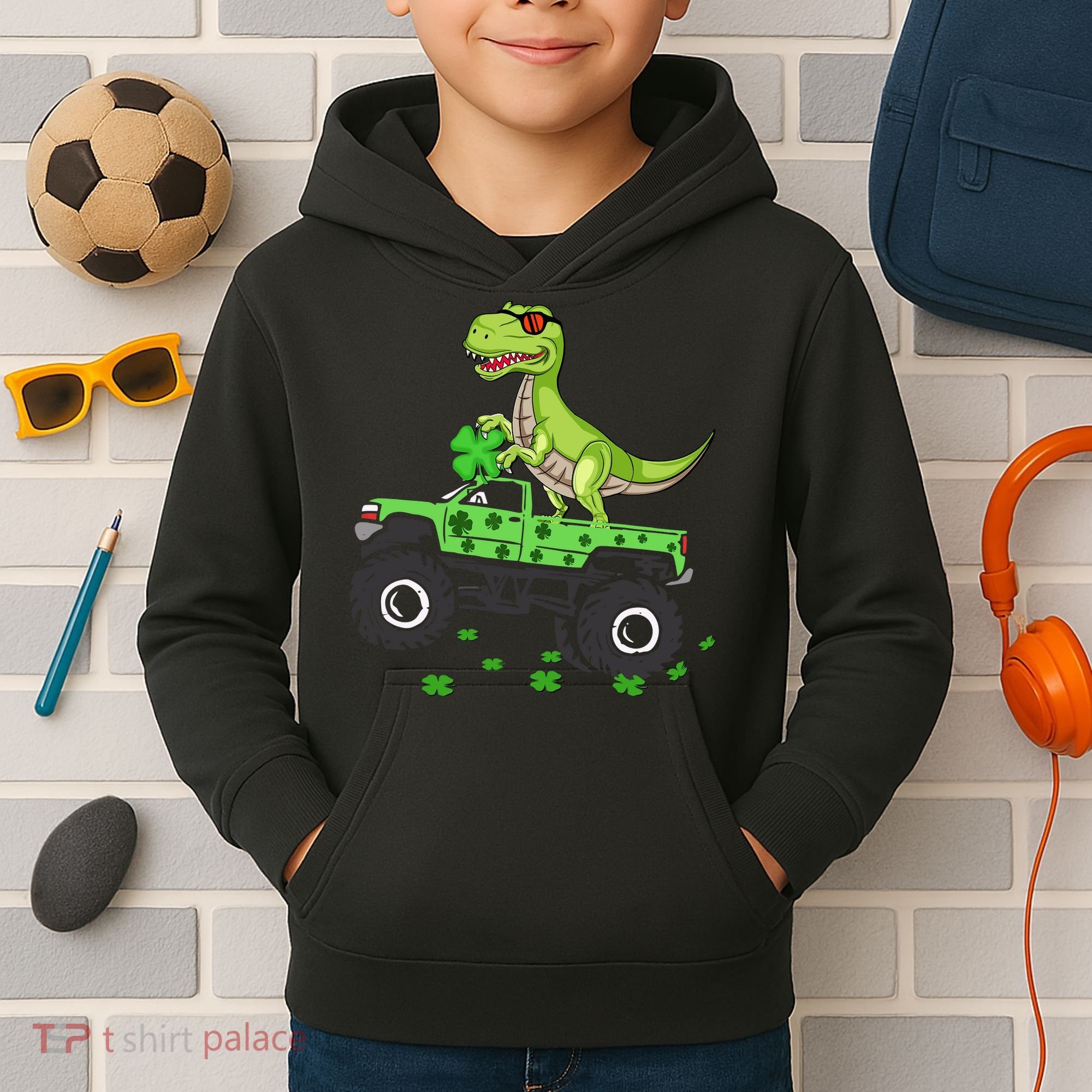 St Patricks Day Boy Dinosaur Monster Turck Trex Kids Hoodie