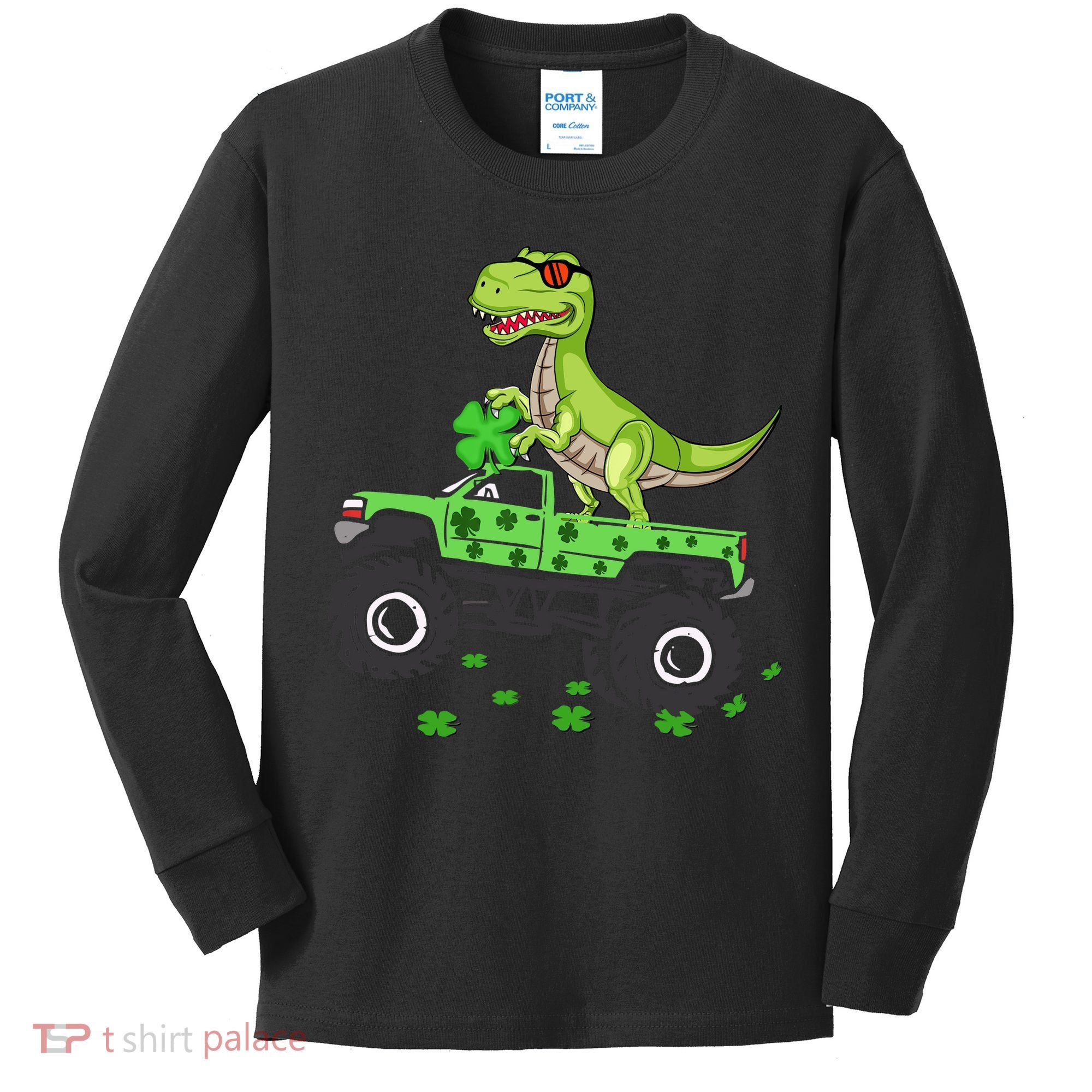 St Patricks Day Boy Dinosaur Monster Turck Trex Kids Long Sleeve Shirt