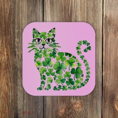 St Patrick's Day Lucky Shamrock Clover Cat Coaster