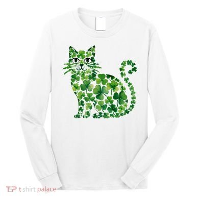 St Patrick's Day Lucky Shamrock Clover Cat Long Sleeve Shirt