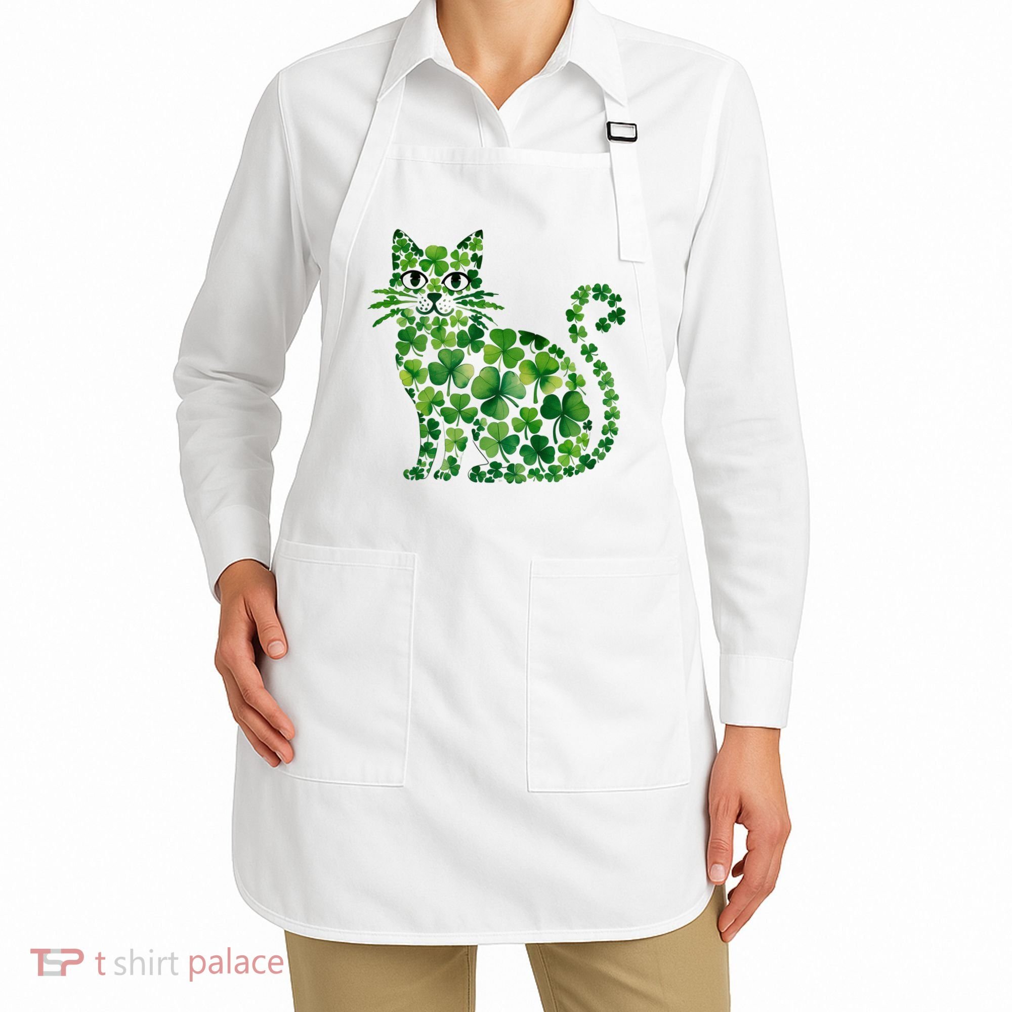 St Patrick's Day Lucky Shamrock Clover Cat Apron