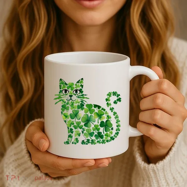 St Patrick's Day Lucky Shamrock Clover Cat Coffee Mug