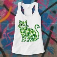 St Patrick's Day Lucky Shamrock Clover Cat Women's Tank Top thumb 3