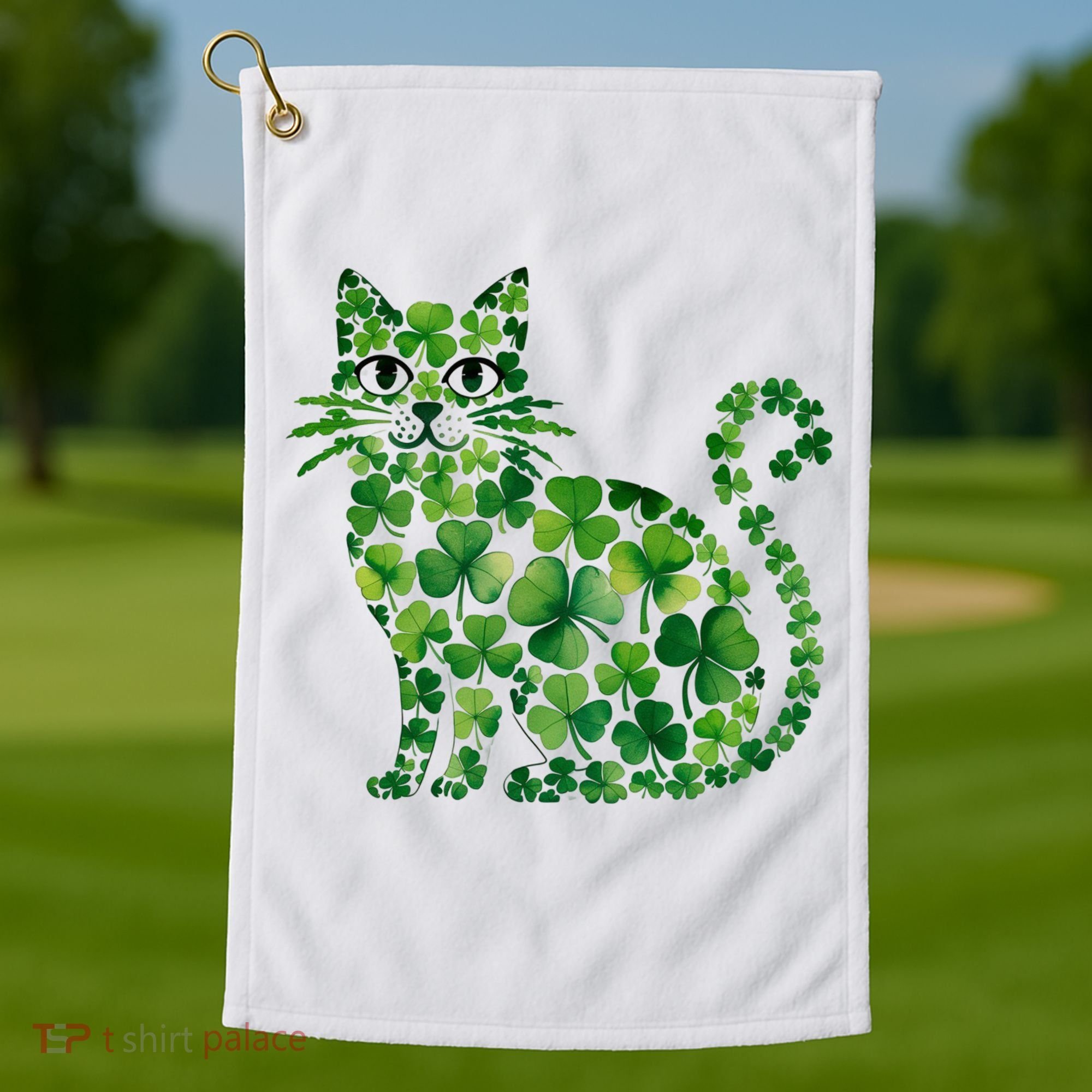 St Patrick's Day Lucky Shamrock Clover Cat Golf Towel