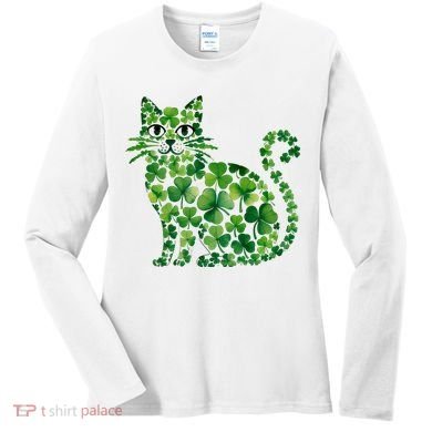 St Patrick's Day Lucky Shamrock Clover Cat Women's Long Sleeve Shirt