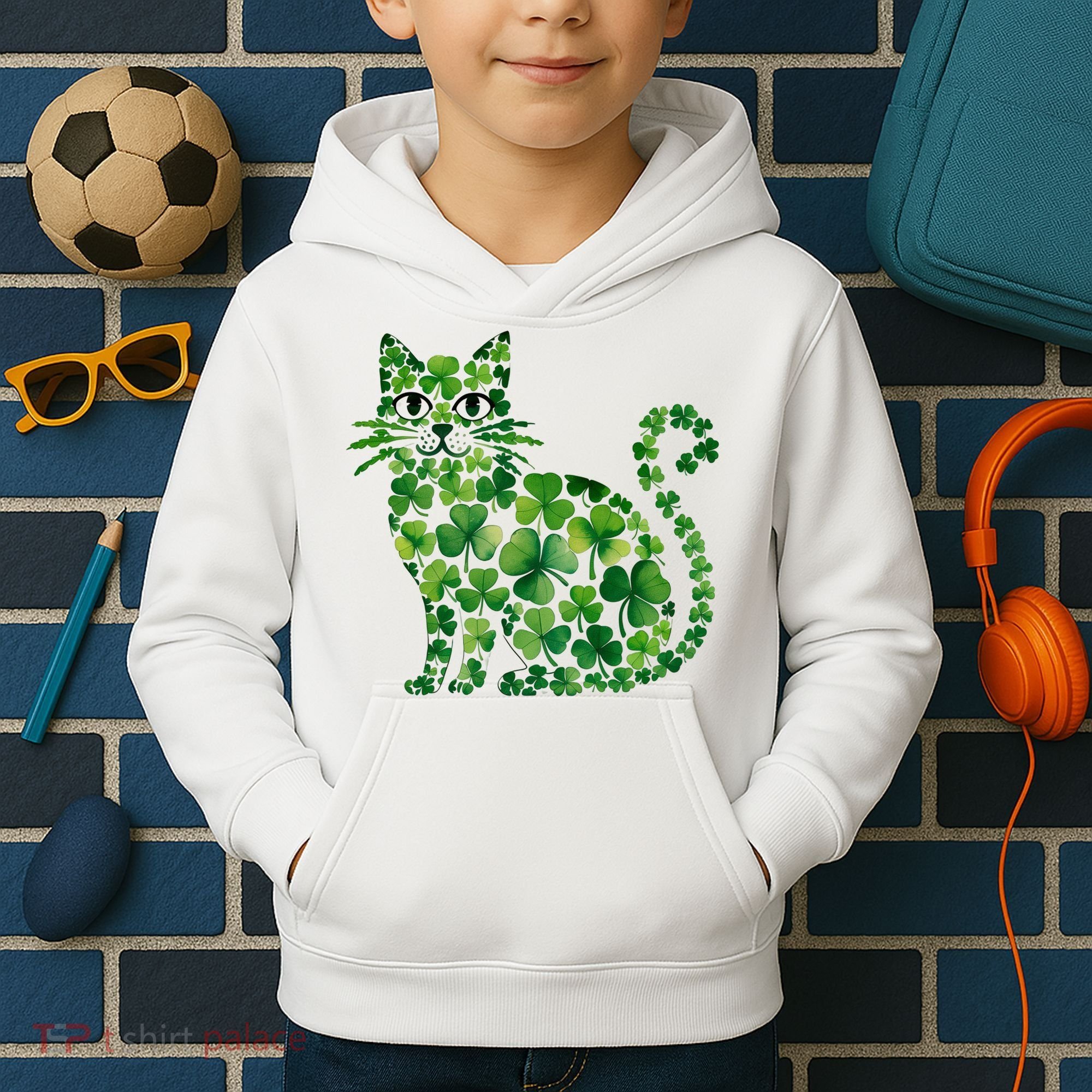 St Patrick's Day Lucky Shamrock Clover Cat Kids Hoodie