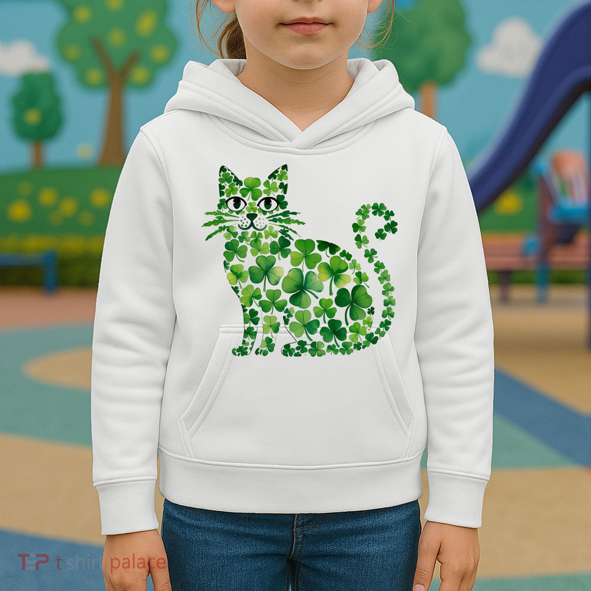 St Patrick's Day Lucky Shamrock Clover Cat Kids Hoodie