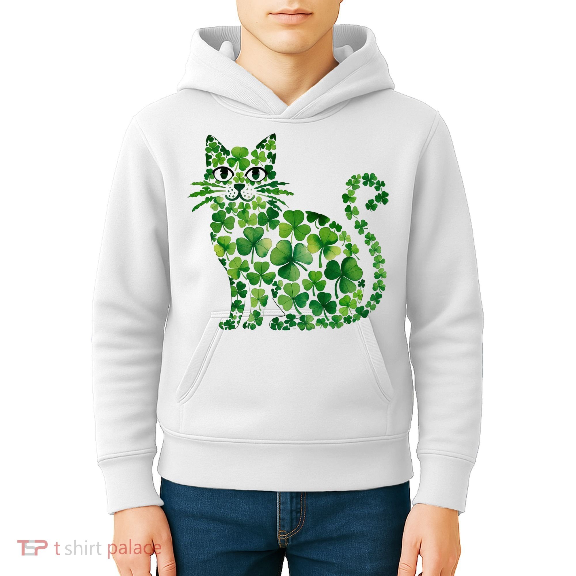 St Patrick's Day Lucky Shamrock Clover Cat Kids Hoodie